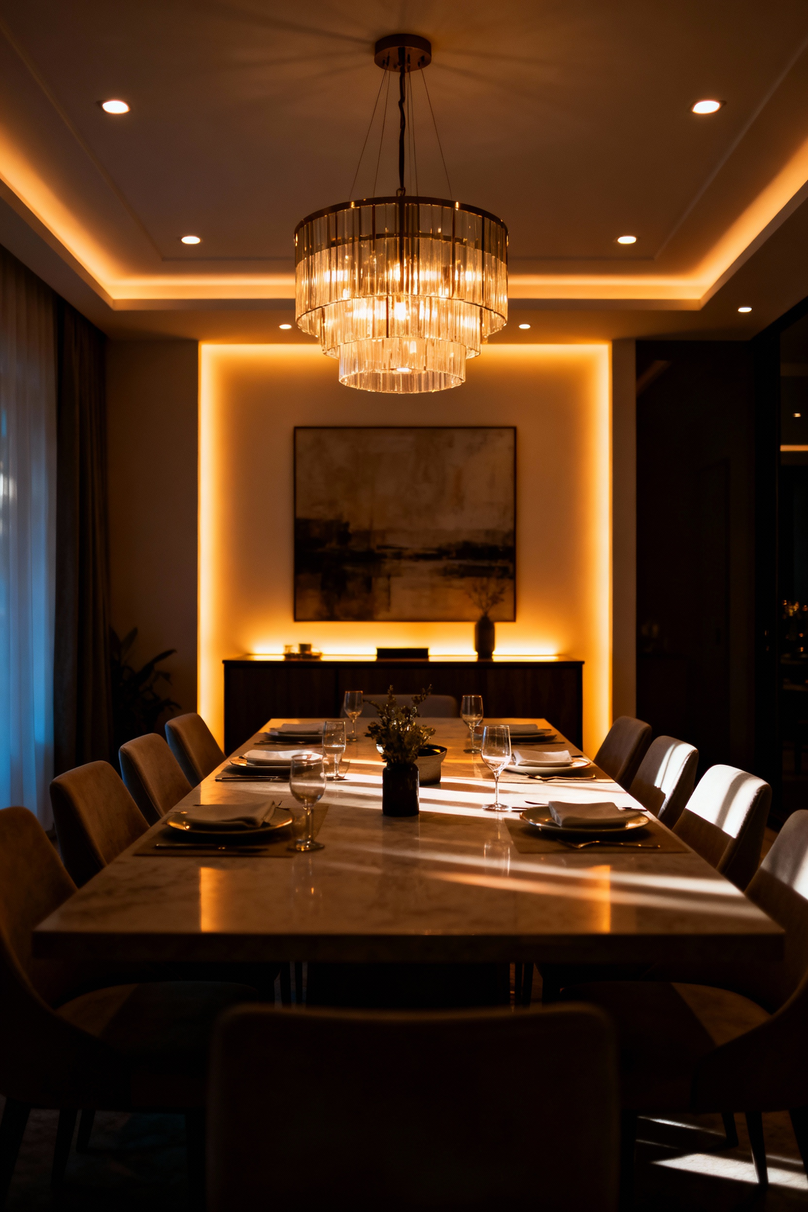 Elegant dining room with modern chandelier and recessed lighting, showing a warm pre-programmed smart lighting scene for an evening meal, controlled by a smart lighting system.