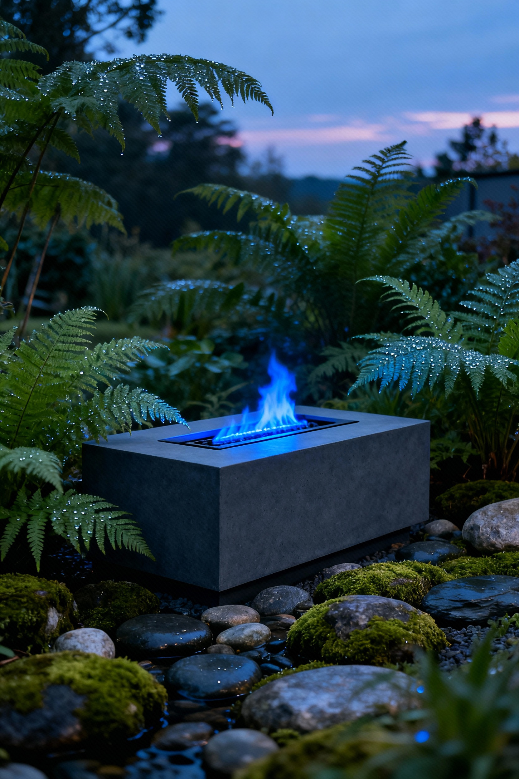 Modern firepit with a clean-burning, eco-friendly bioethanol flame, surrounded by lush green plants and natural stone in a peaceful outdoor setting, symbolizing sustainable fuel choices for a reduced environmental footprint.