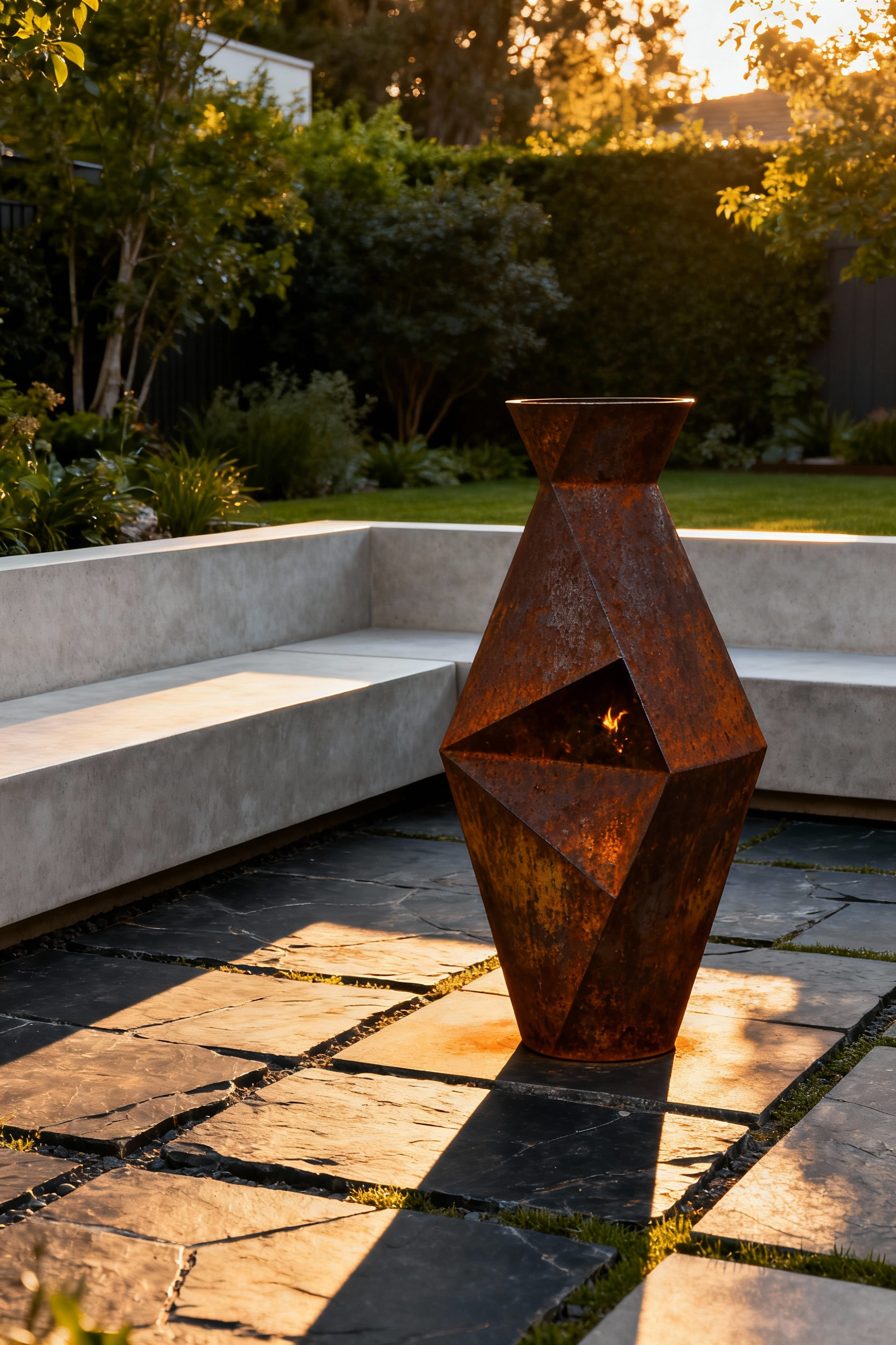 A modern, sculptural Corten steel firepit with a unique geometric shape, serving as an artistic focal point in a contemporary backyard with polished concrete and natural stone.