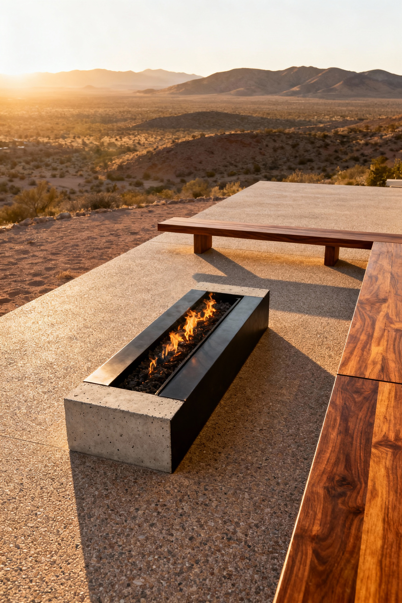 A low-profile rectangular concrete fire trough with a blackened steel coping, set in a vast decomposed granite patio with reclaimed wood benches, blending seamlessly into an expansive desert landscape under golden hour light.