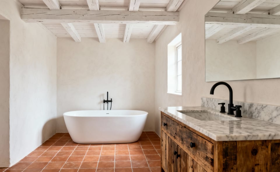 A sophisticated farmhouse bathroom featuring a reclaimed wood vanity with honed marble and matte black fixtures, alongside a white freestanding tub on terracotta-look porcelain tiles, showcasing rustic and contemporary design integration.