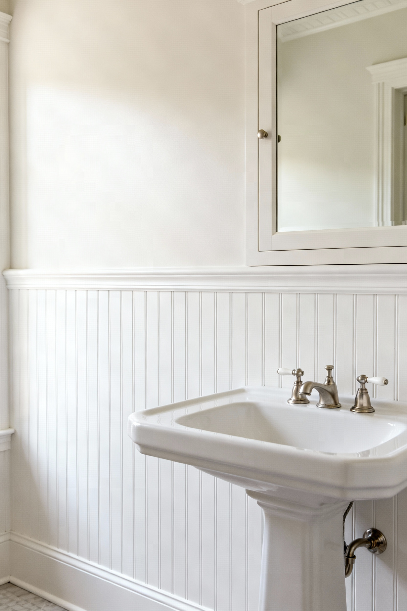 A beautifully balanced farmhouse bathroom interior featuring a lower section of white board-and-batten wainscoting complemented by white shiplap walls above, showcasing elegant wall treatments and moisture resistance.