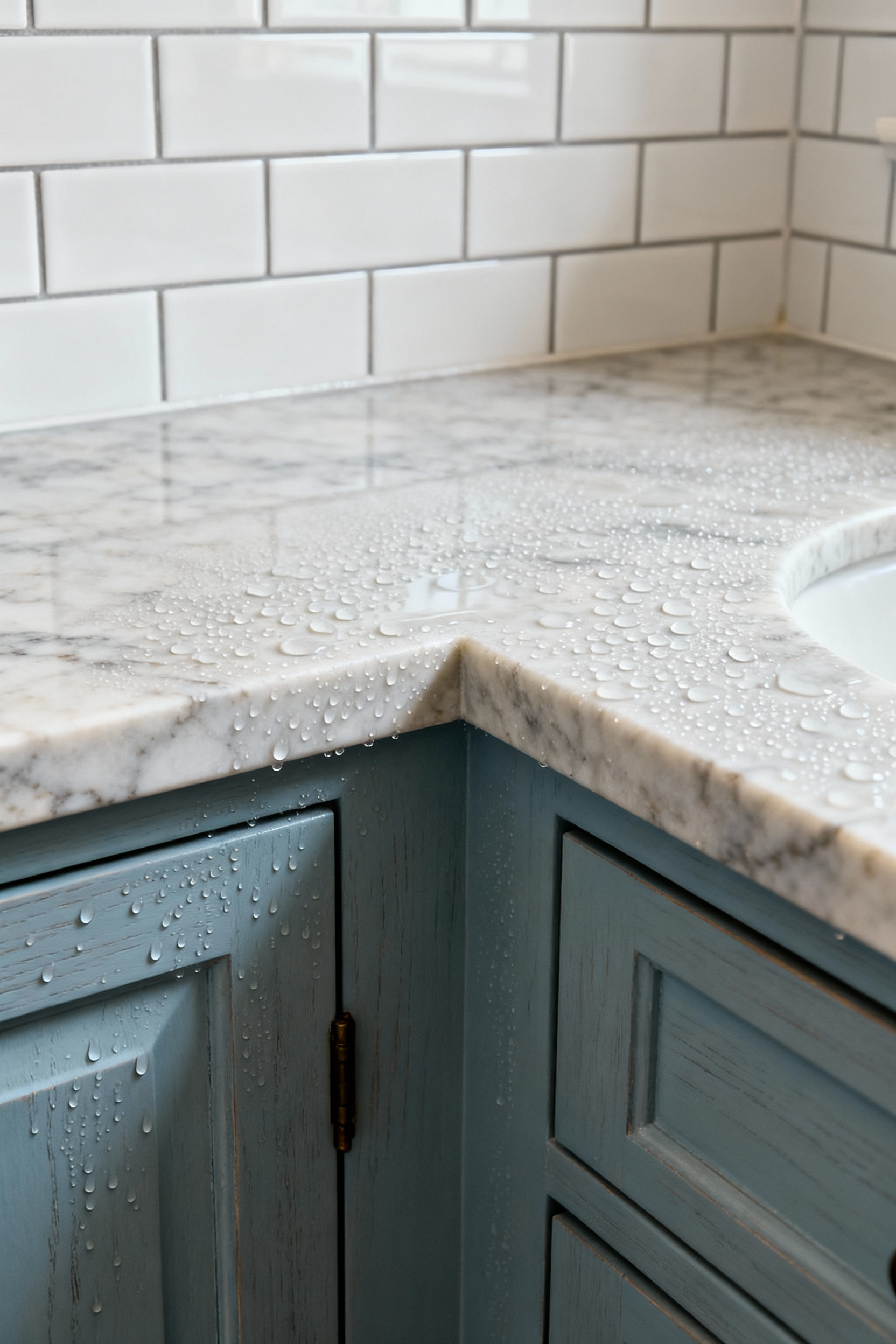 Detailed portrait of a beautifully maintained farmhouse bathroom showing perfectly sealed natural stone, wooden cabinetry, and tiled surfaces, demonstrating advanced material longevity protocols.