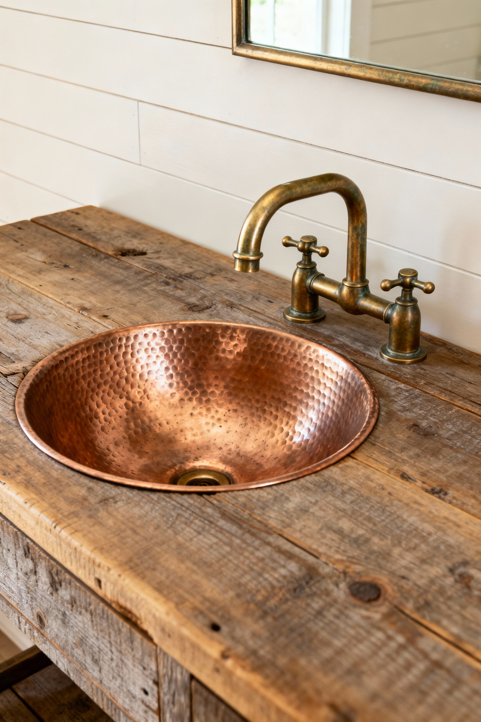 A close-up view of an unlacquered brass bridge faucet over a hammered copper sink in a farmhouse bathroom, highlighting artisanal fixtures and their timeless quality.