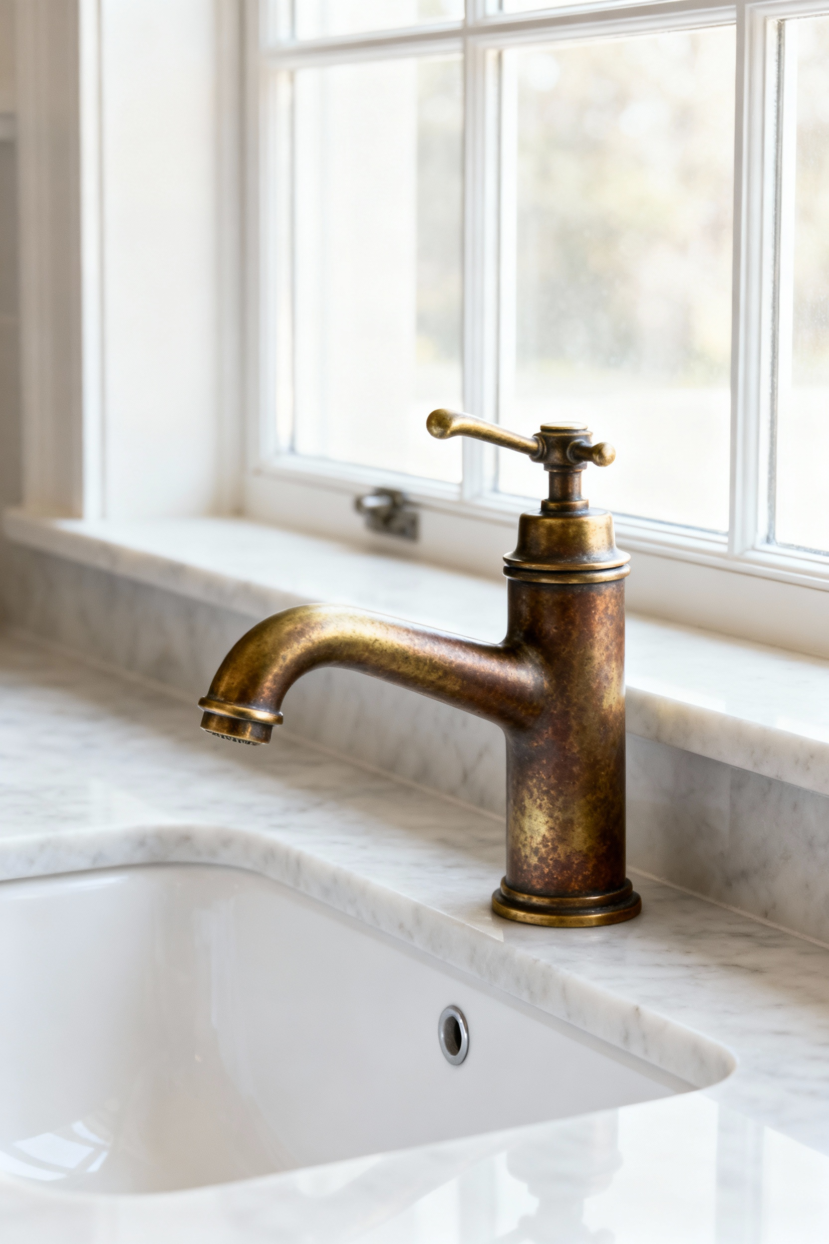 Close-up of an unlacquered brass faucet with rich patina in a farmhouse bathroom