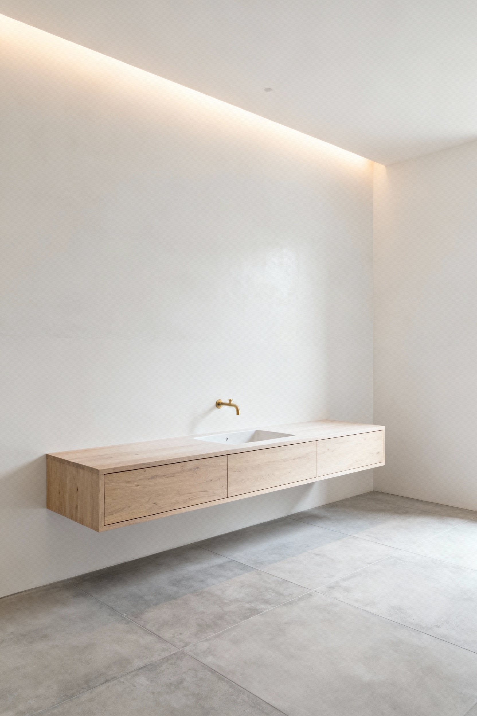A minimalist farmhouse bathroom emphasizing negative space with a large-format white tile wall, a light-toned wooden floating vanity, and indirect lighting, showcasing a serene, uncluttered aesthetic.