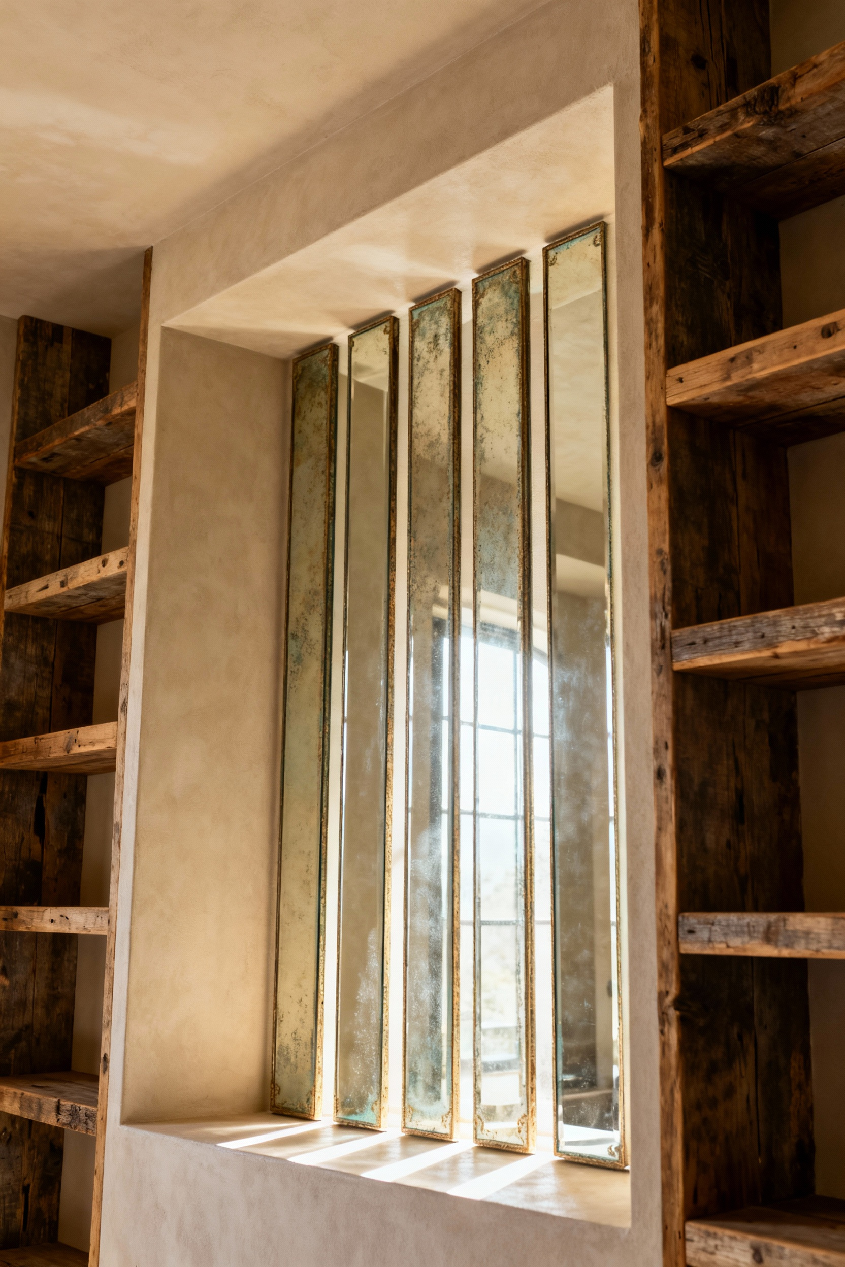 Vertical antiqued mirror panels in a farmhouse bathroom recessed niche, reflecting diffused natural light and reclaimed wood shelves, creating an illusion of expanded space.