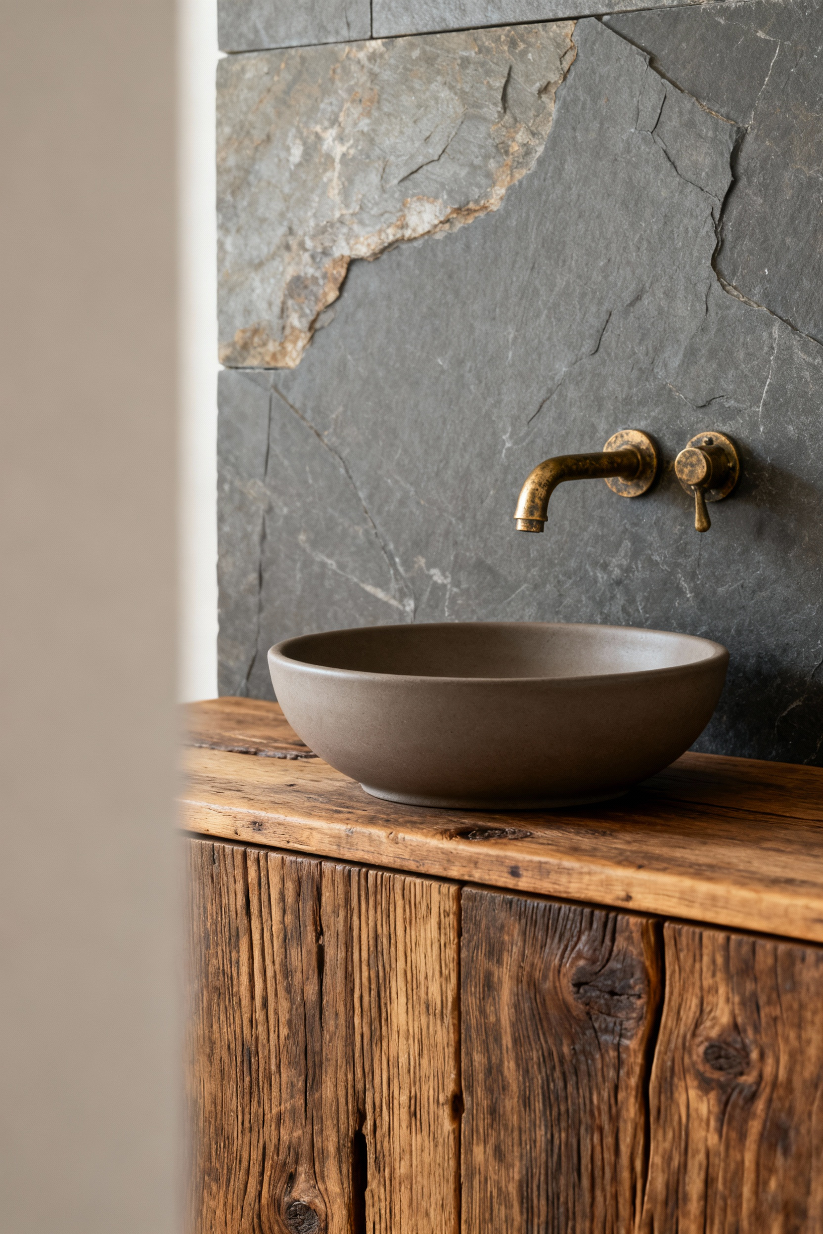Detail shot of a farmhouse bathroom's varied tactile surfaces: reclaimed wood vanity, ceramic sink, honed slate wall, aged brass faucet, showcasing rich textures and natural materials under soft light.