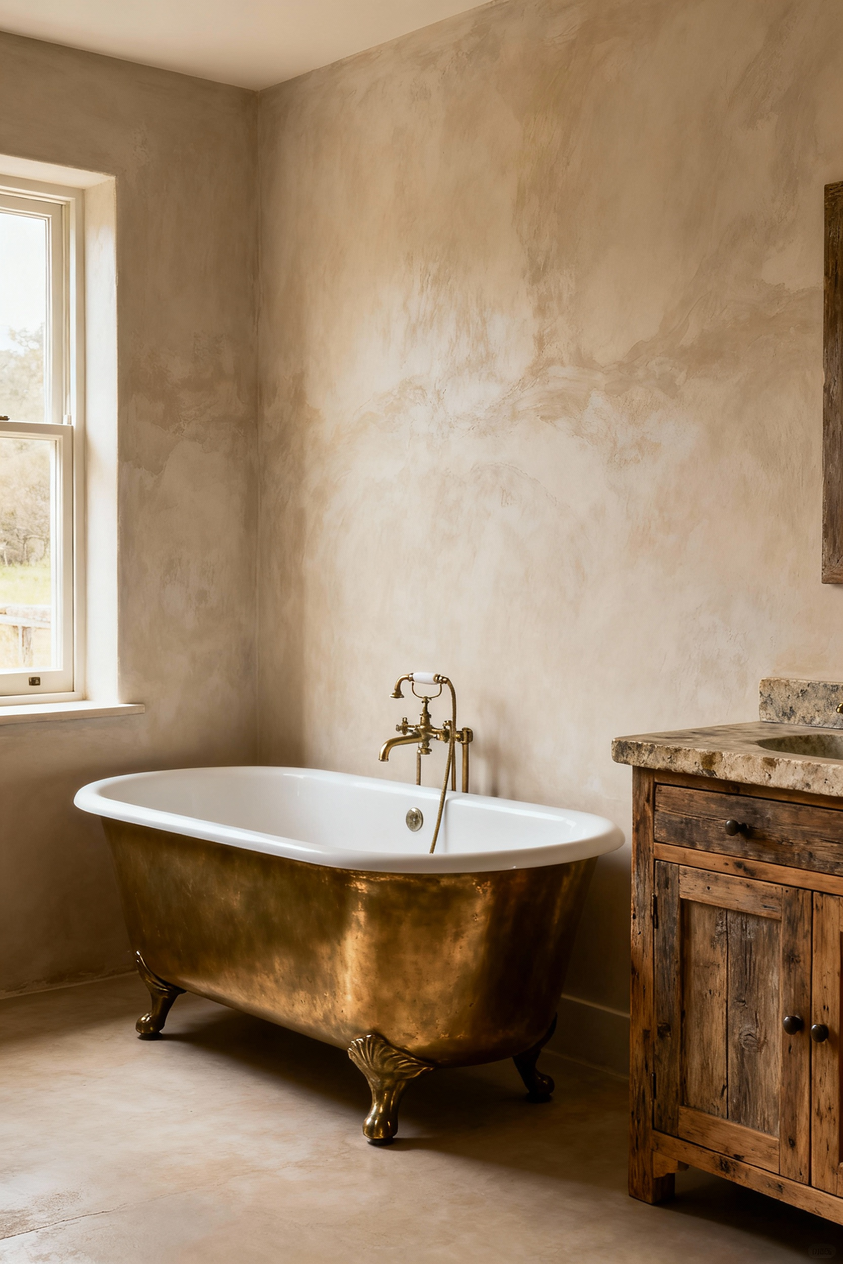 Farmhouse bathroom with a subtle limewash finished wall, showcasing textured depth, an antique brass freestanding tub, and a reclaimed wood vanity under soft natural light.