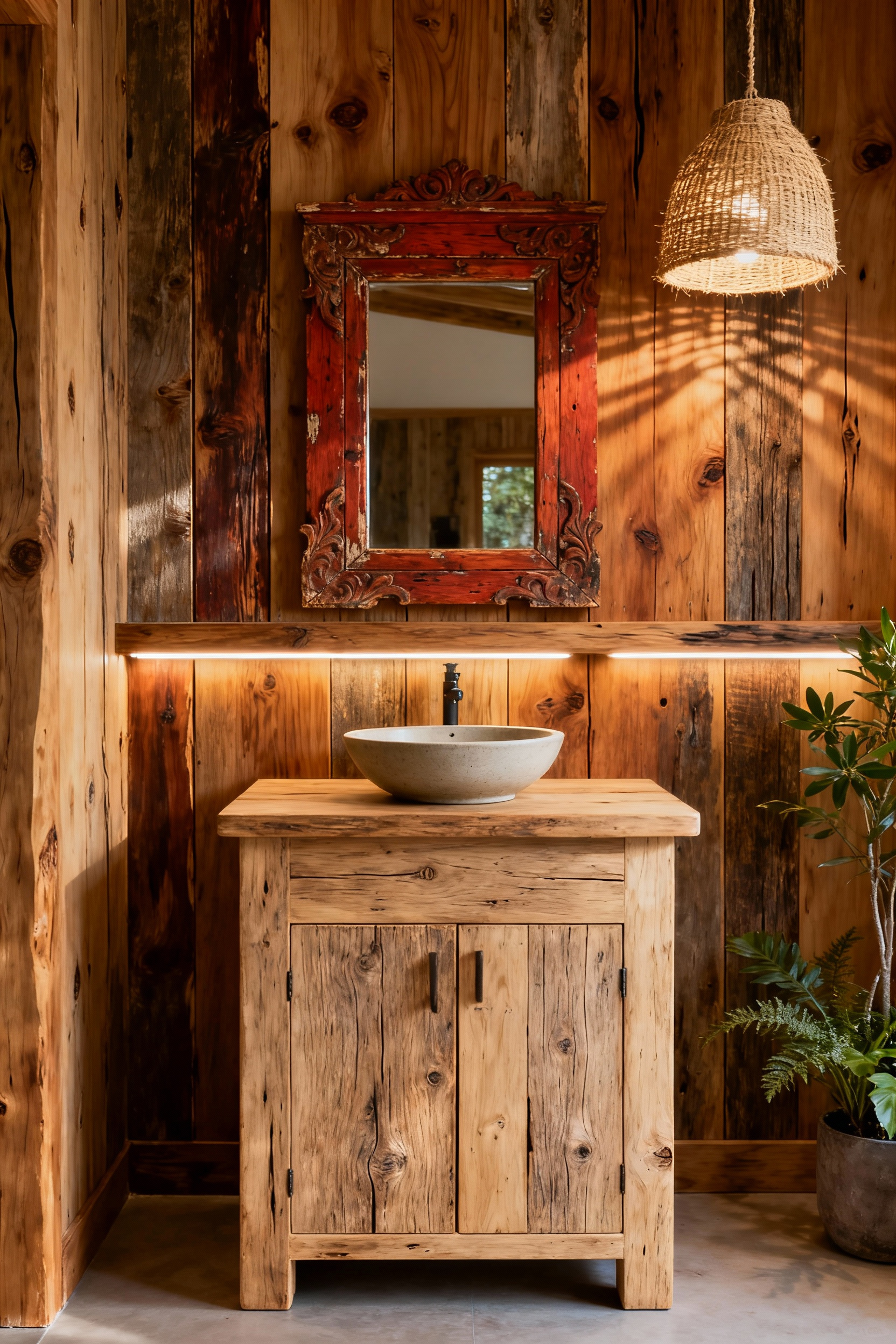 A beautifully designed farmhouse bathroom featuring a reclaimed white oak vanity, cypress accent wall, and a redwood mirror, highlighting rustic timber textures in a high-moisture environment.