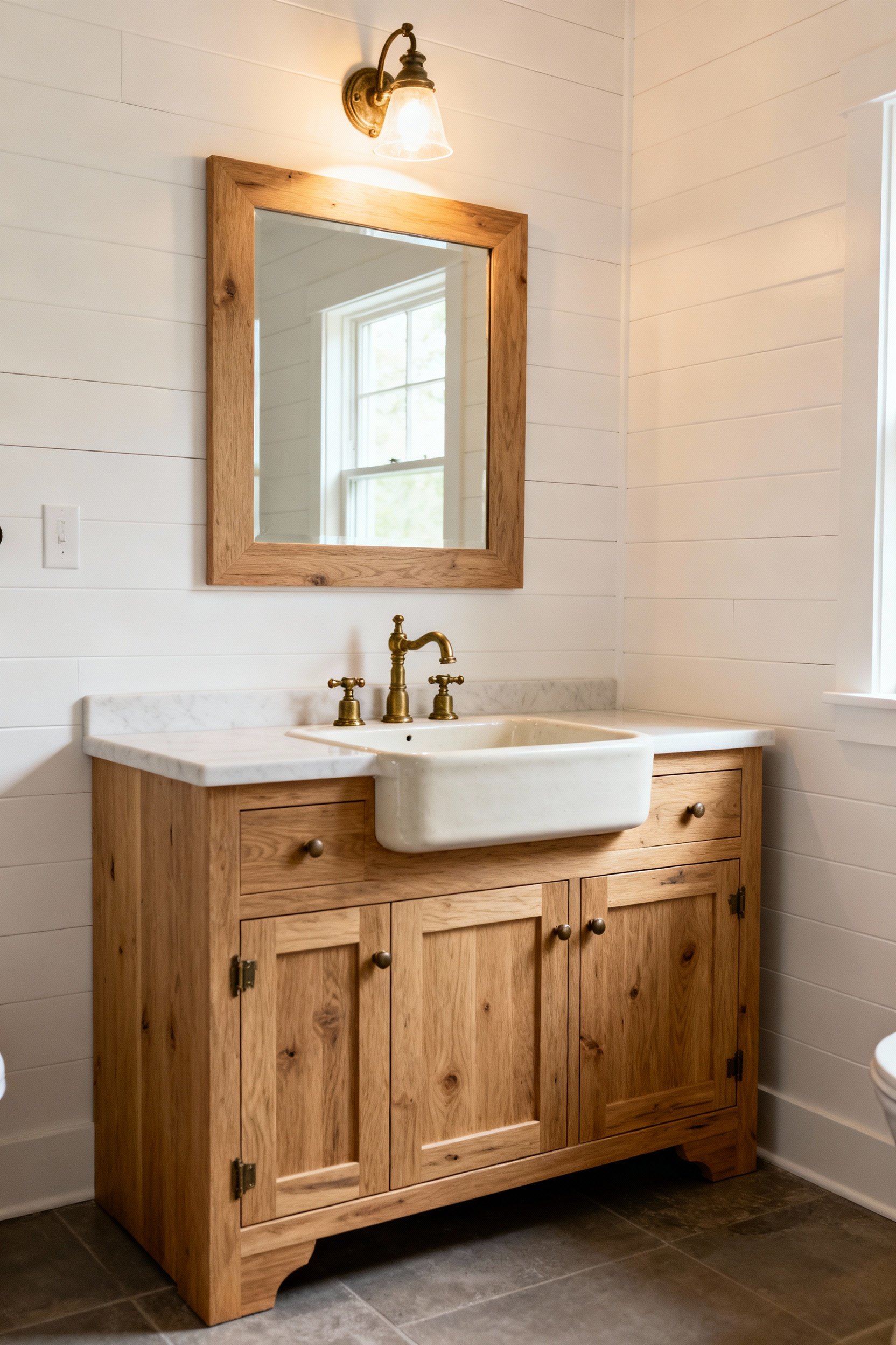 Elegant bespoke farmhouse vanity made of natural white oak with precise custom joinery, an integrated farmhouse sink, and aged brass hardware in a white shiplap bathroom.