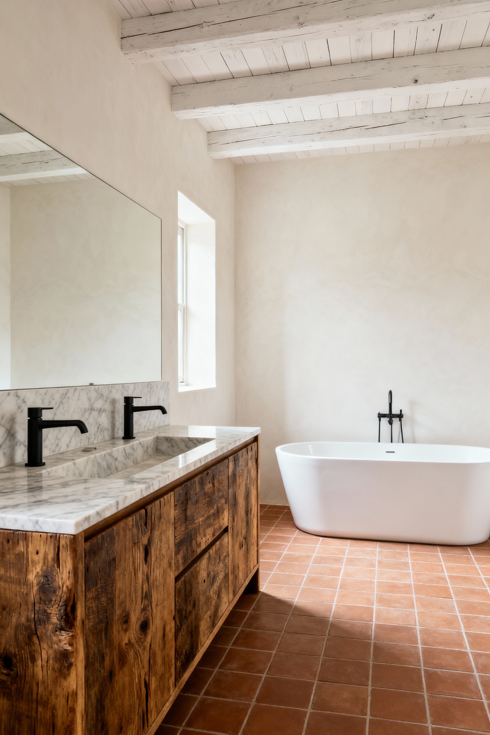 A sophisticated farmhouse bathroom featuring a reclaimed wood vanity with honed marble and matte black fixtures, alongside a white freestanding tub on terracotta-look porcelain tiles, showcasing rustic and contemporary design integration.