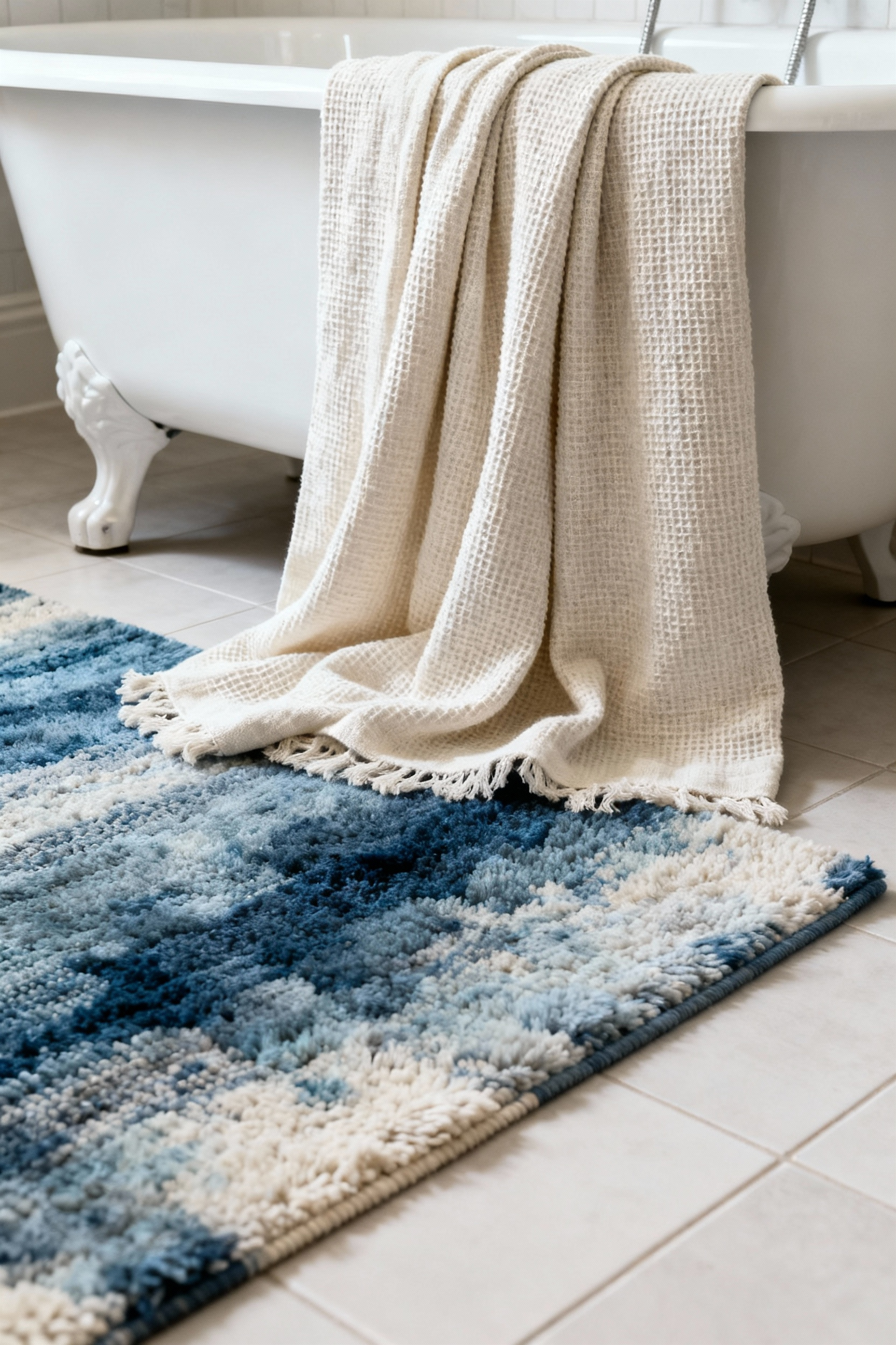 A cozy farmhouse bathroom interior featuring thick, textural waffle weave linen towels draped over a clawfoot tub and a hand-dyed wool rug in earthy tones on a tiled floor, enhancing acoustic comfort and layered aesthetics.