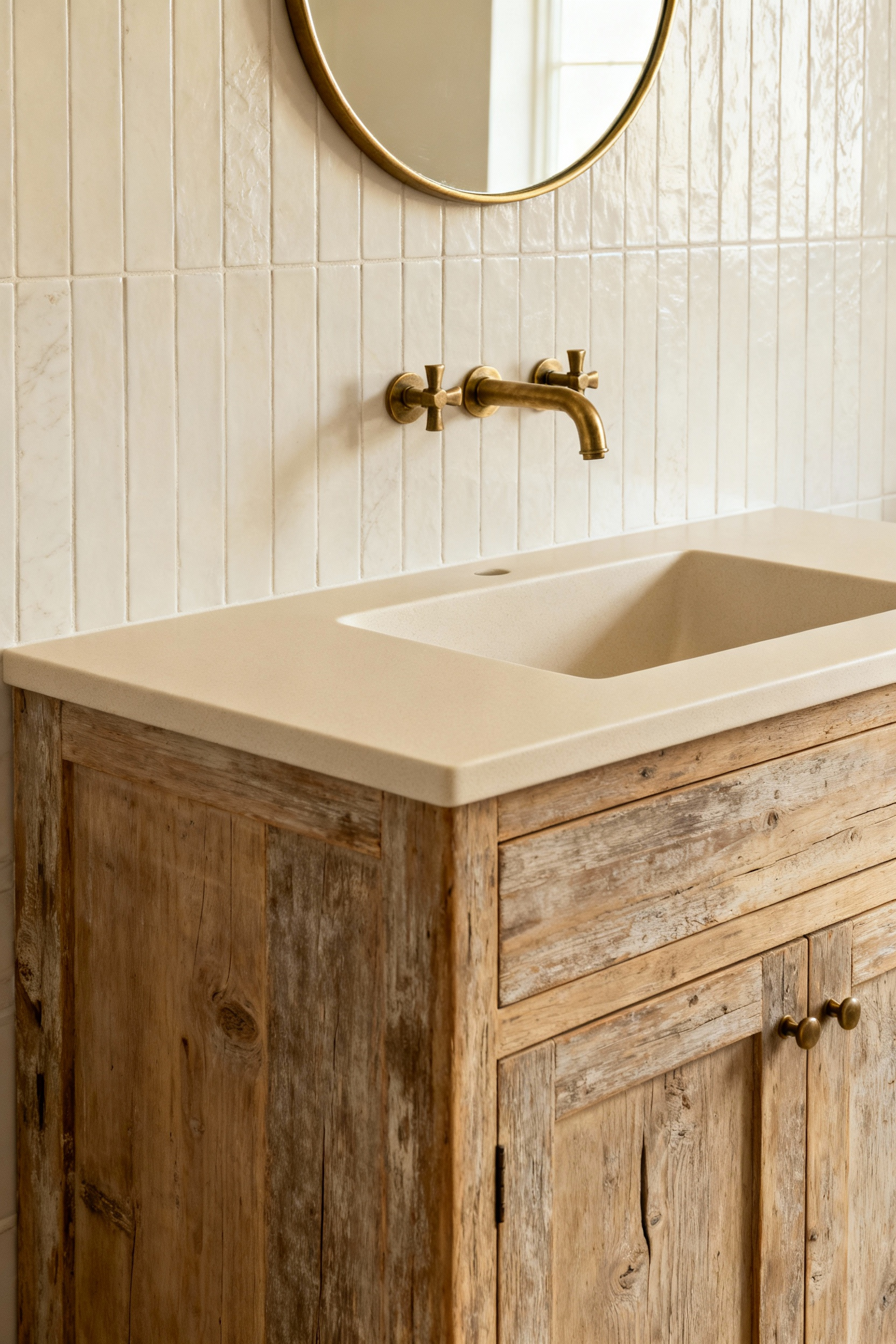Farmhouse bathroom vanity with reclaimed wood, engineered quartz countertop, unlacquered brass faucet, and creamy subway tiles, showcasing vintage and modern material integration.