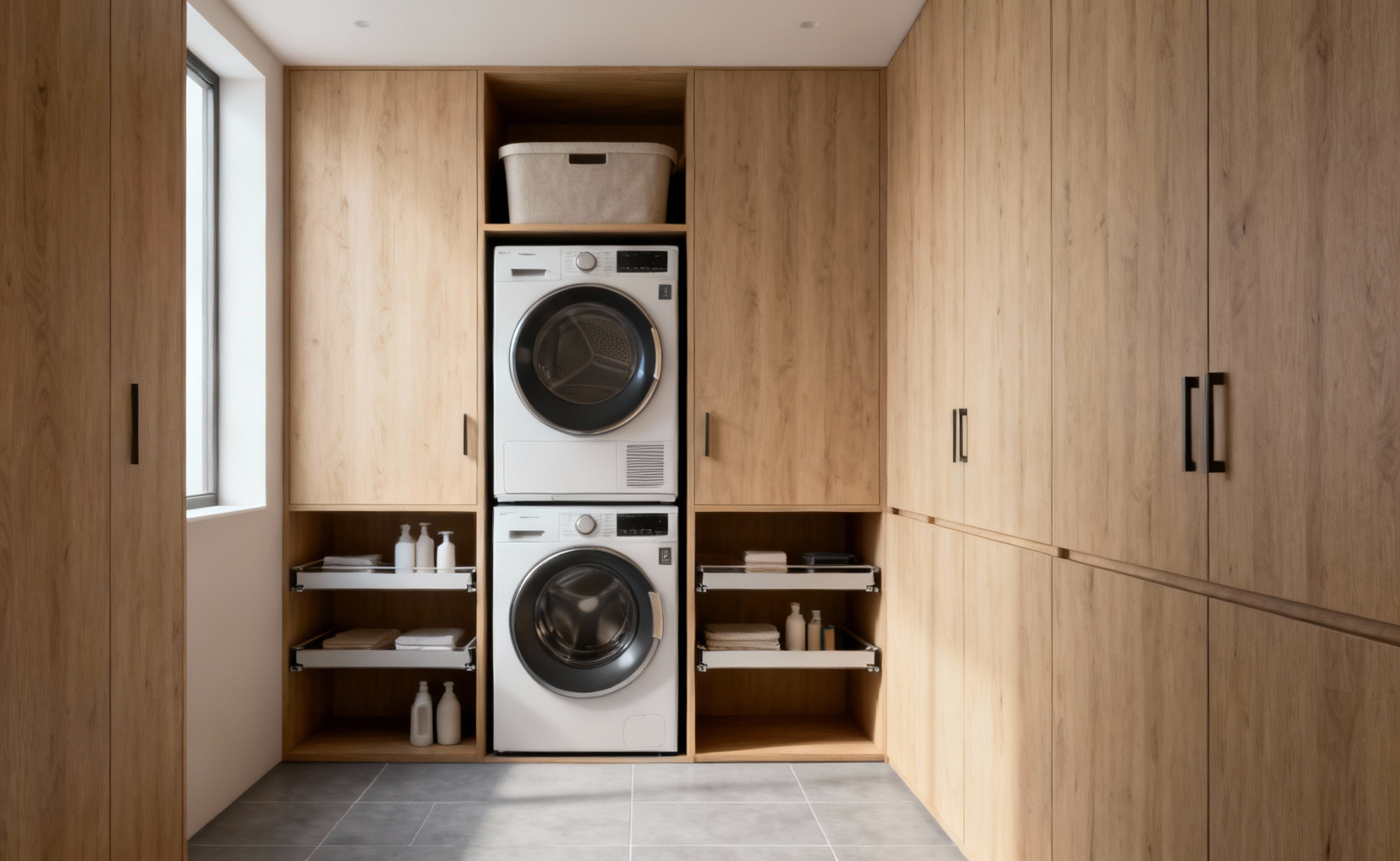 Stacked washer and dryer unit integrated into custom cabinetry in a bright, modern mudroom-laundry room.