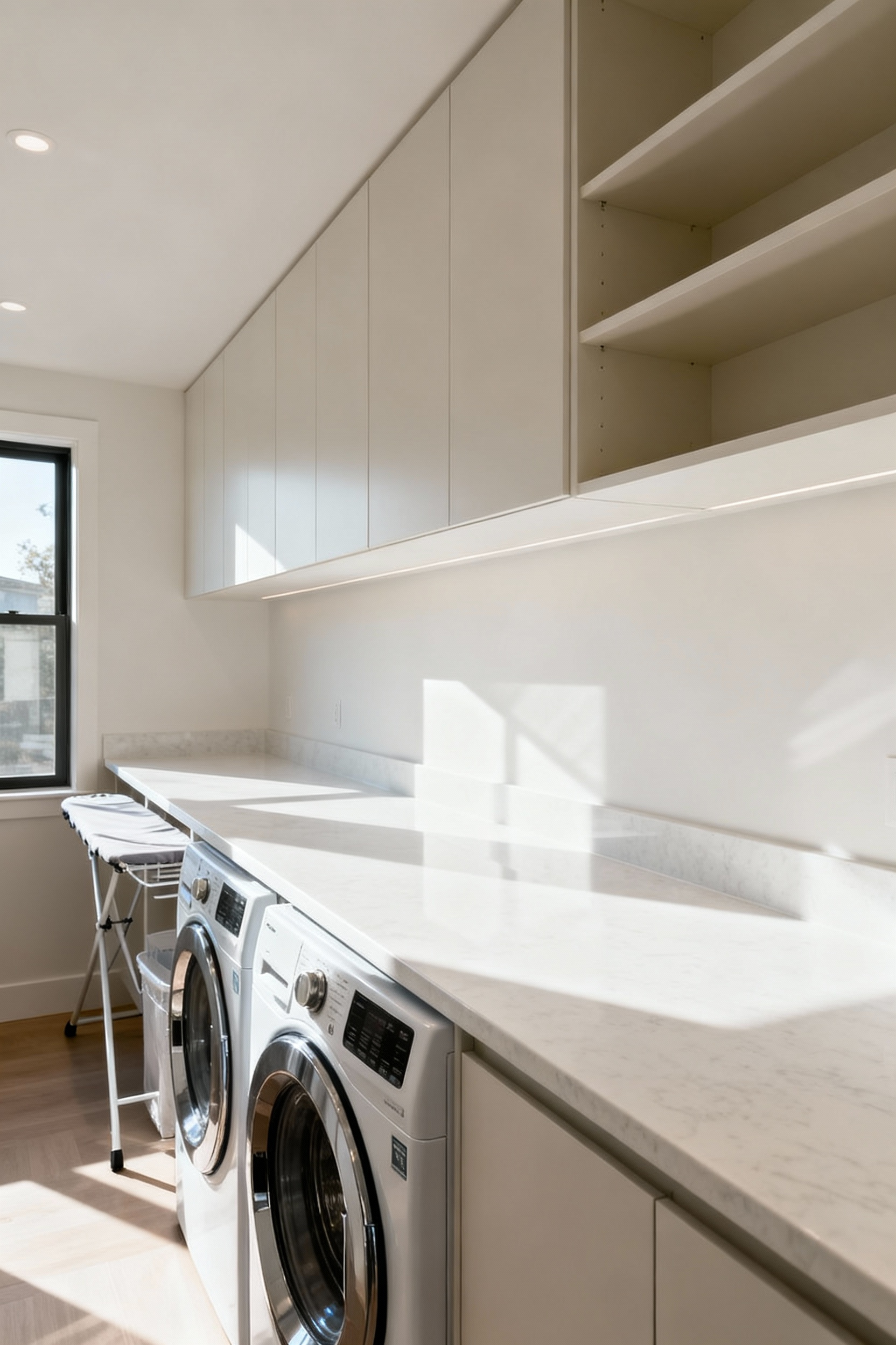 A modern mudroom laundry room featuring a long, light-colored countertop spanning over a front-loading washer and dryer, providing ample space for folding and sorting clothes. The area is bright, clean, and integrated with built-in cabinetry, representing efficient mudroom laundry ideas.