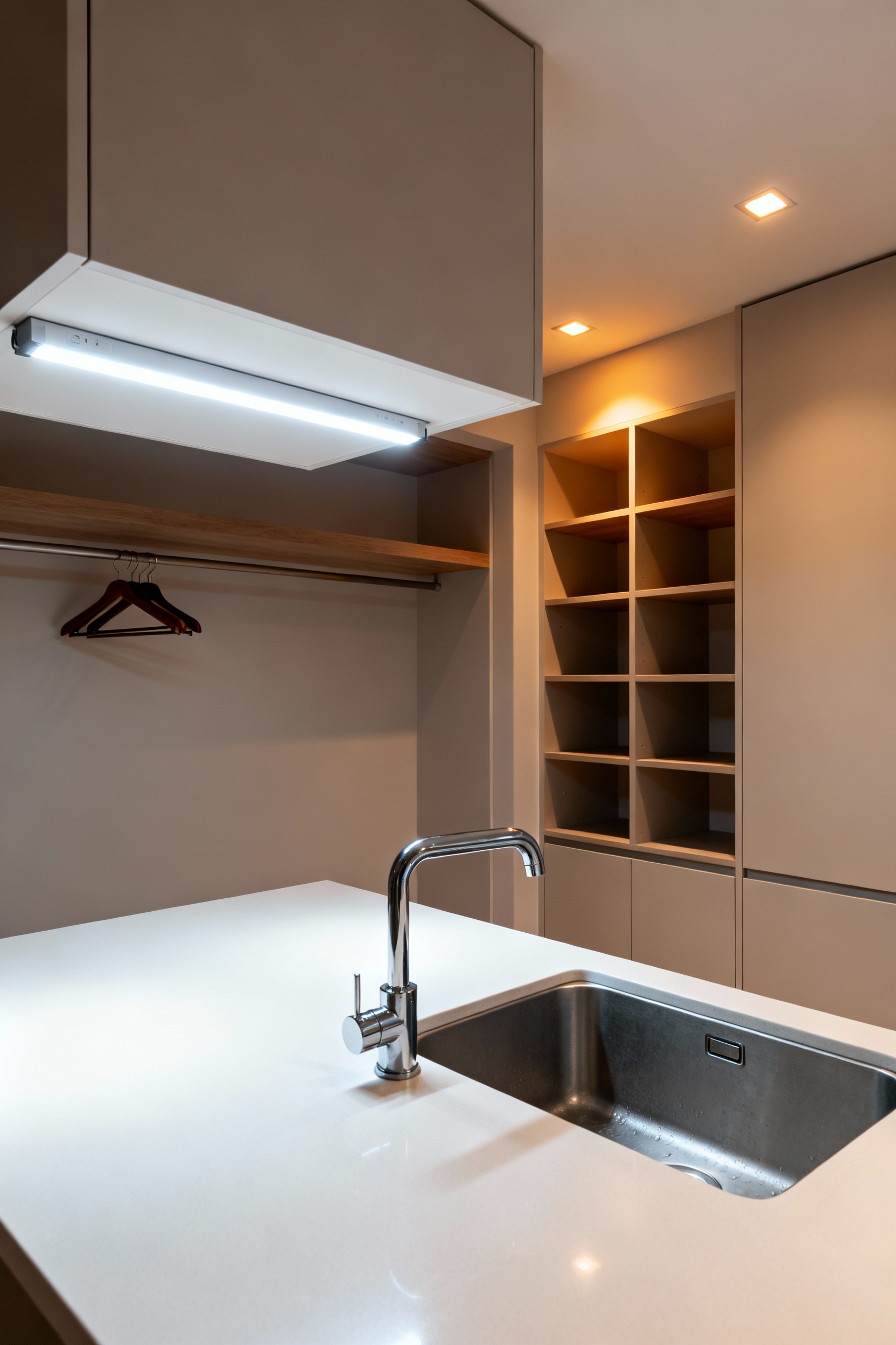Modern mudroom-laundry room with smart LED lighting for both task areas (under-cabinet, folding counter) and ambient illumination (recessed lights), showing varying light temperatures and brightness levels.