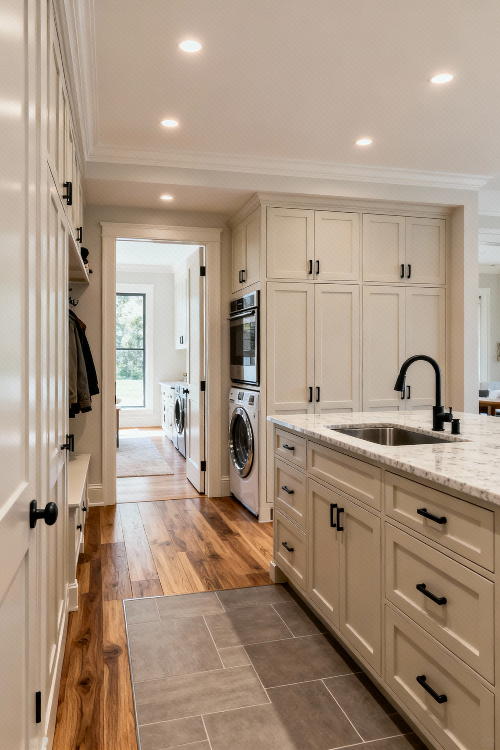 Modern integrated mudroom and laundry room featuring seamless design elements like extended kitchen cabinetry, quartz countertops, and wood-look flooring, harmonizing with adjacent living spaces.