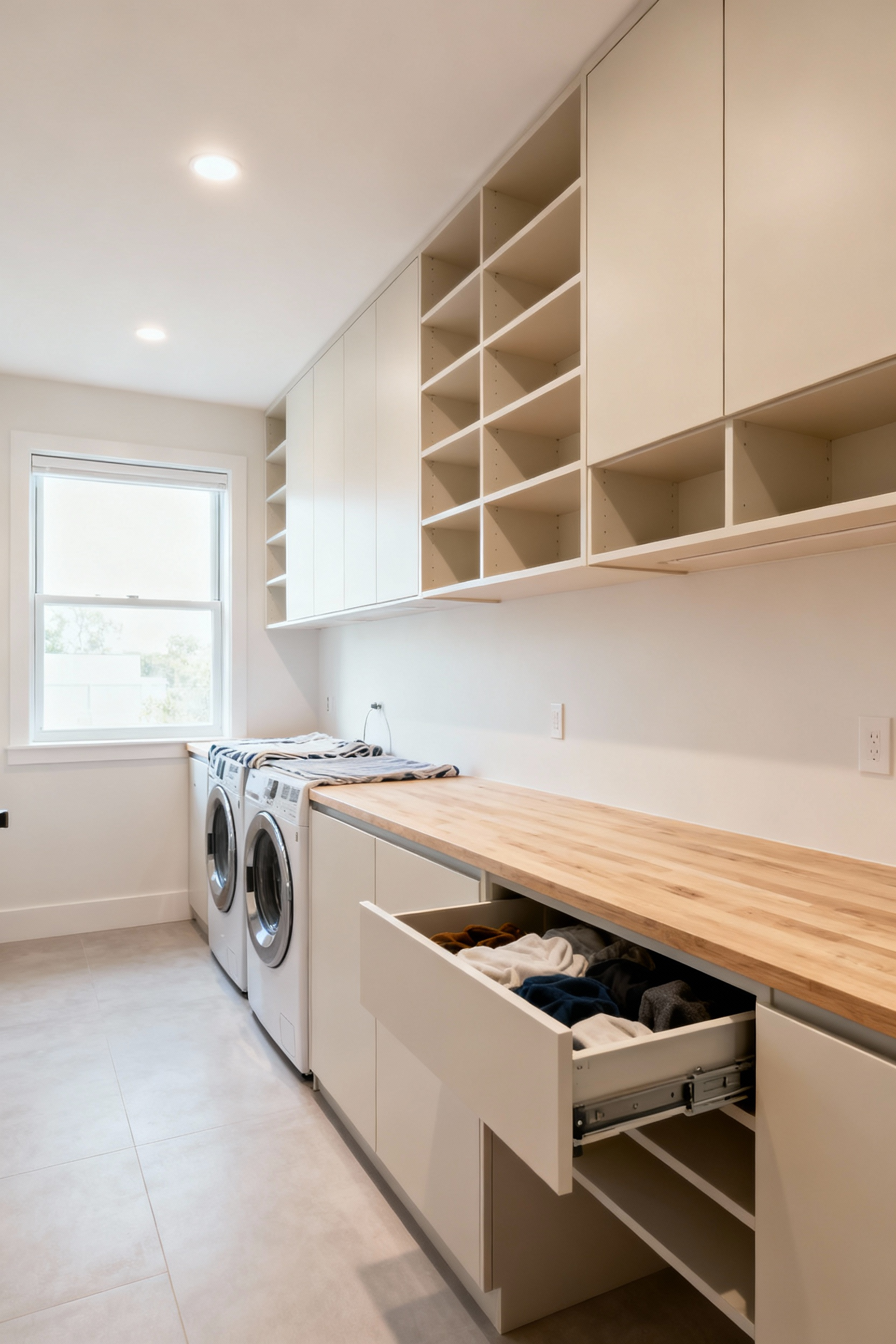 Modern mudroom and laundry room combo with adaptable, modular storage, adjustable shelving, and flexible utility zones designed for evolving family needs and long-term use.