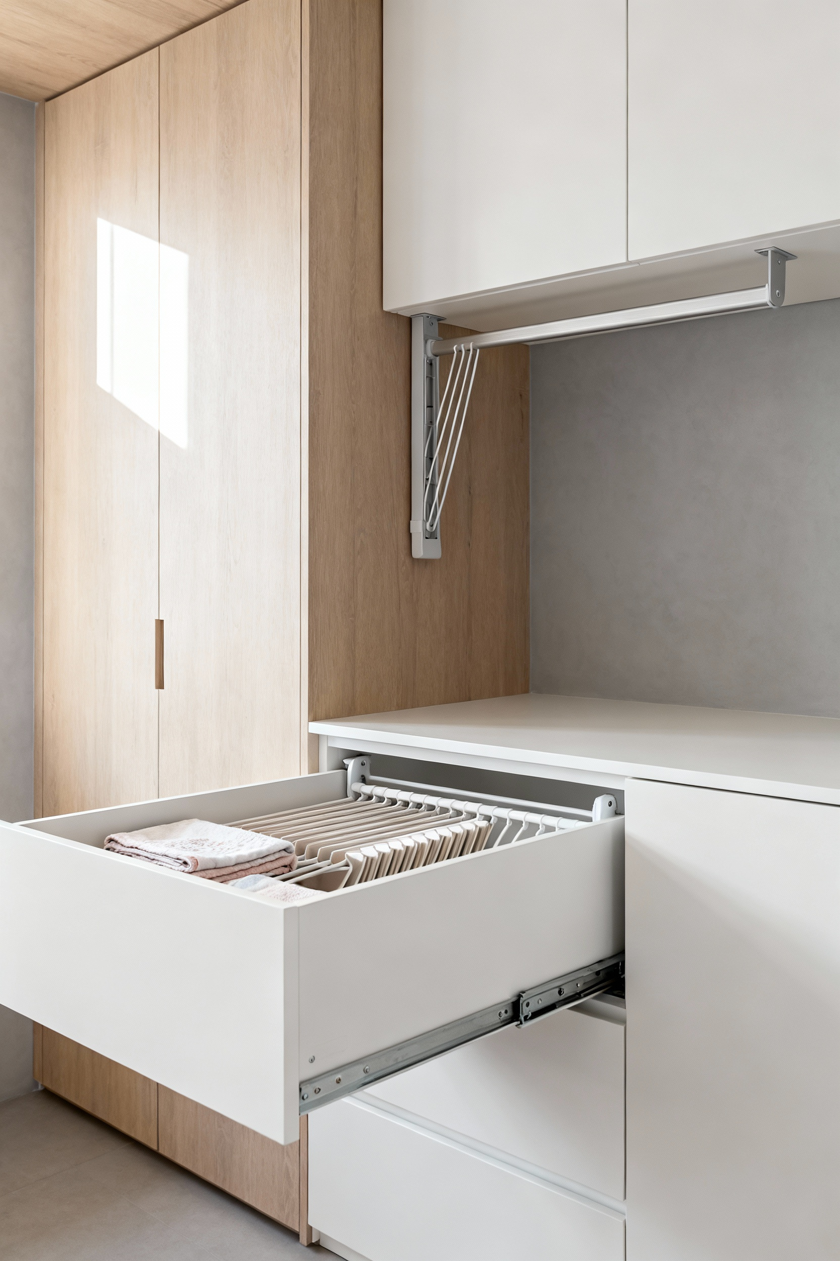 A modern mudroom laundry room featuring discreet, integrated pull-out and retractable concealed drying racks within sleek cabinetry, maximizing space and maintaining a tidy appearance.