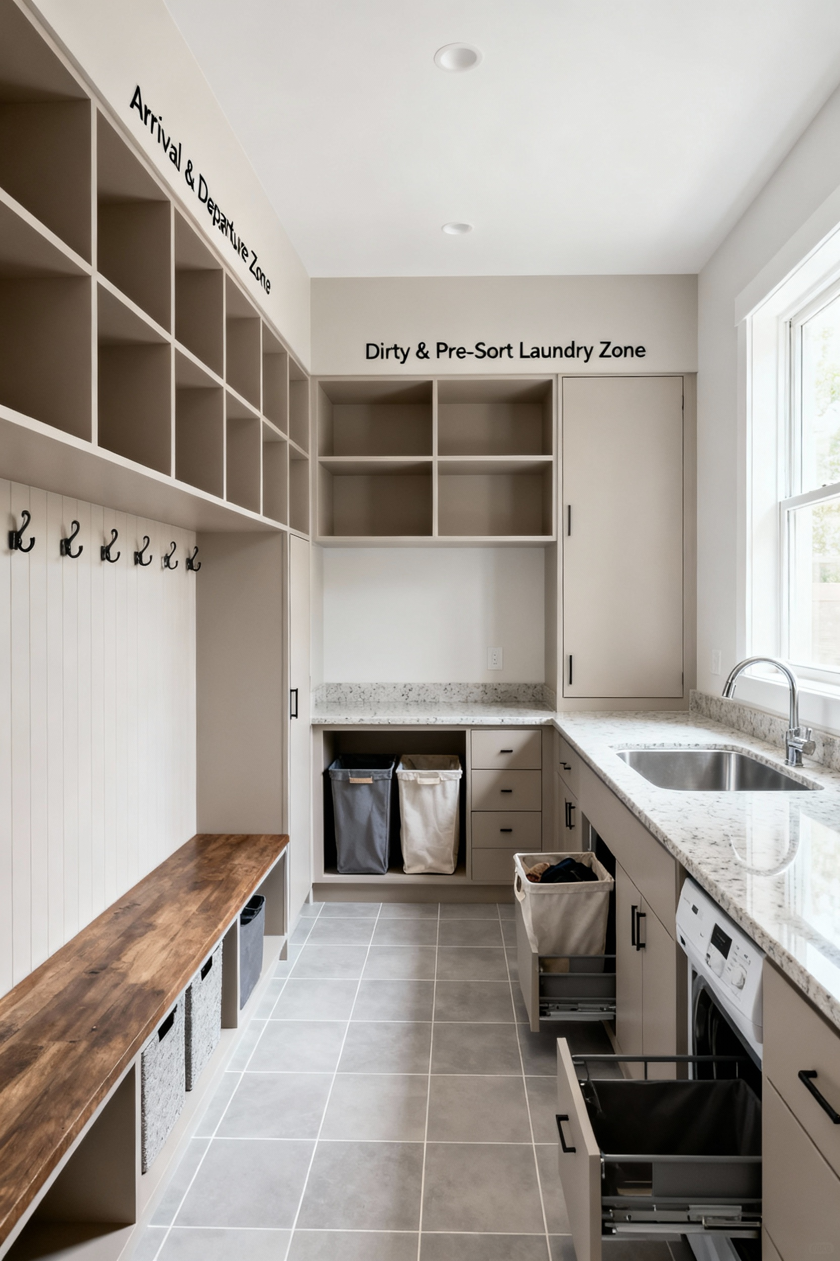 A beautifully organized mudroom and laundry room featuring a distinct arrival zone with built-in storage, bench, and hooks, seamlessly transitioning into a pre-sort laundry zone with a utility sink and integrated hampers, all within a well-lit, modern space with durable flooring.