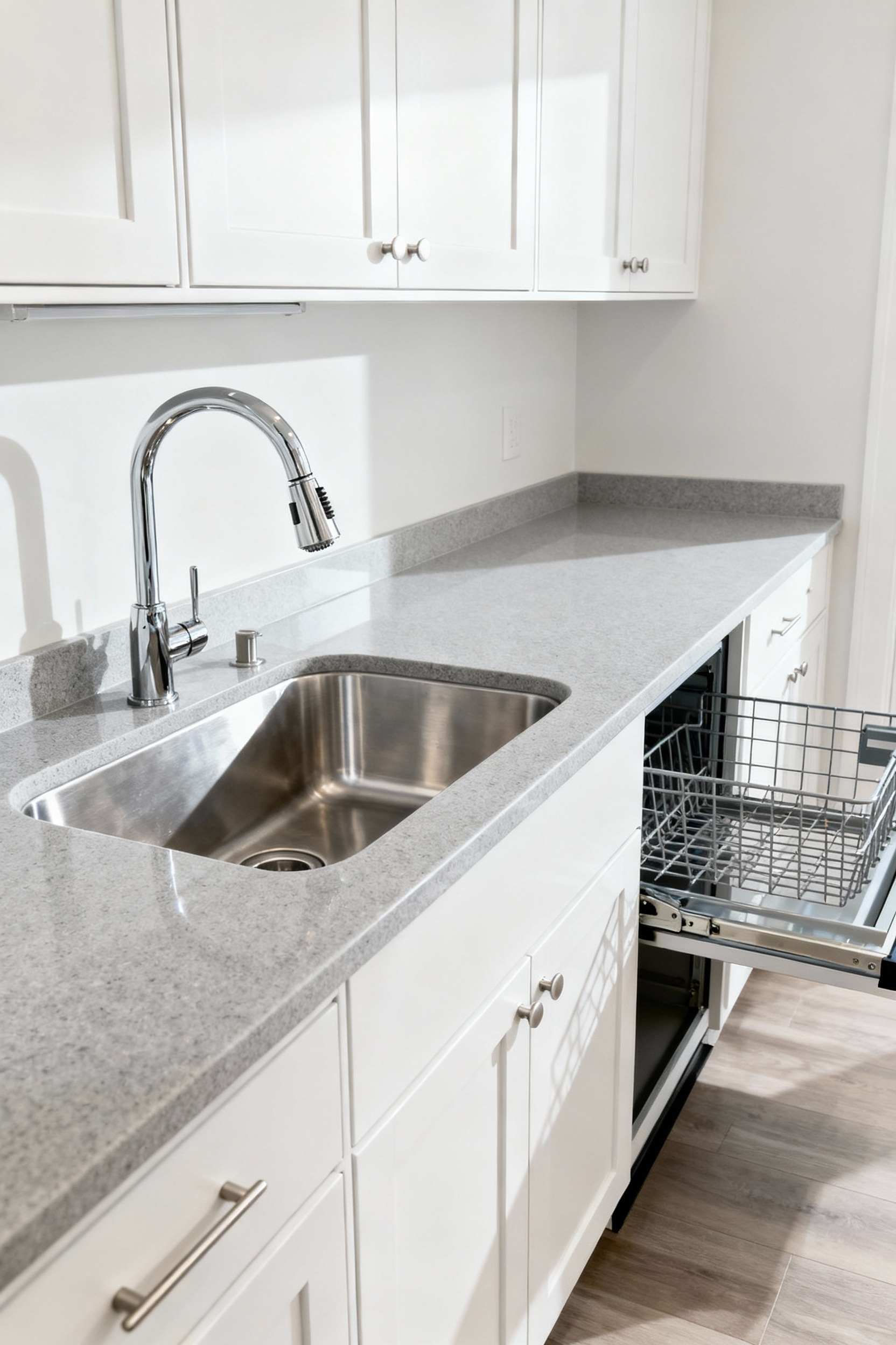 Modern mudroom-laundry room featuring an integrated deep stainless steel utility sink with a high-arc pull-down sprayer faucet, surrounded by custom white cabinetry and a practical countertop, ideal for pre-treating clothes and handwashing, without people or text.