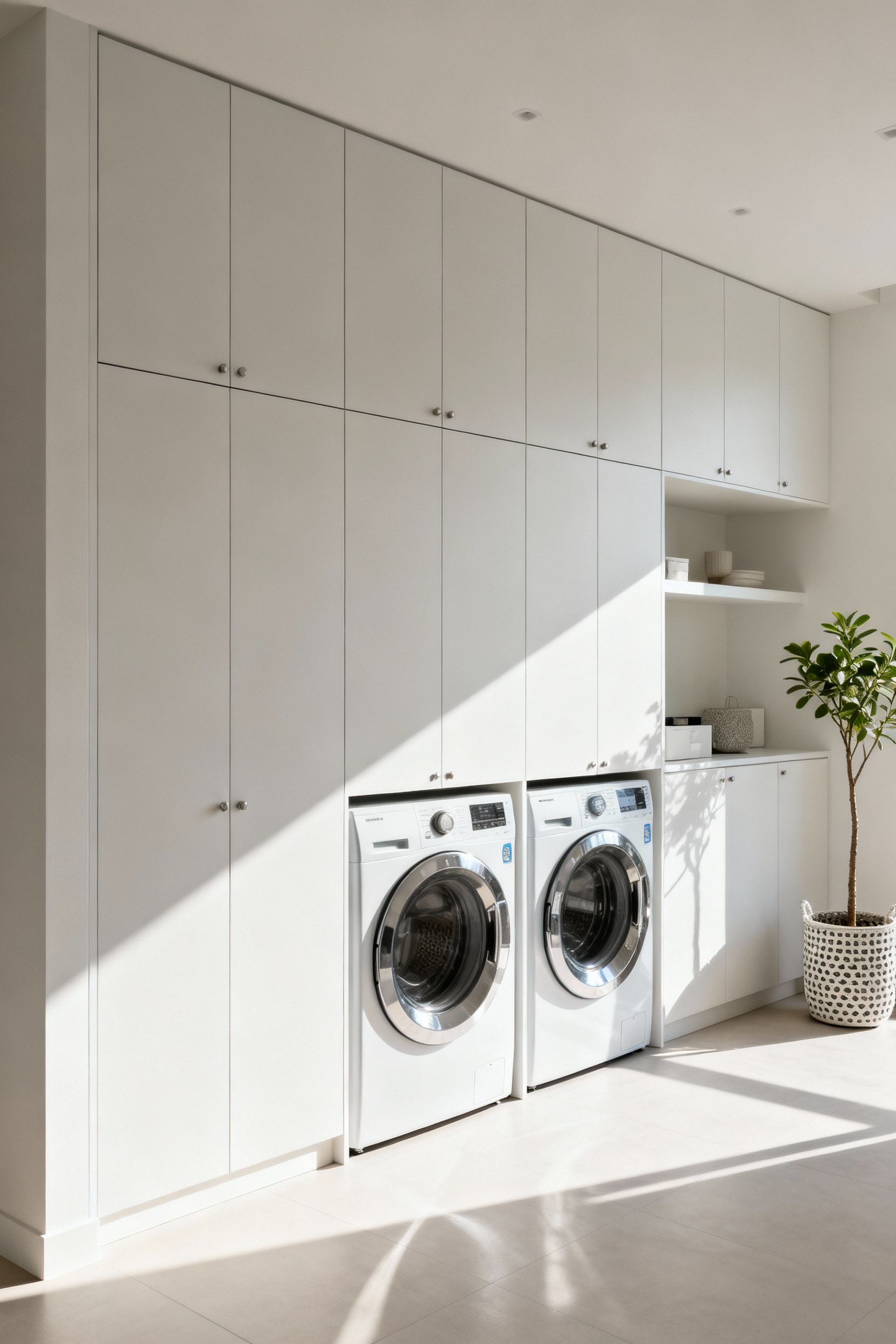 Elegant mudroom laundry room with white floor-to-ceiling custom cabinetry providing hidden storage, a blended aesthetic, and integrated organization. A neatly organized mudroom laundry combo.