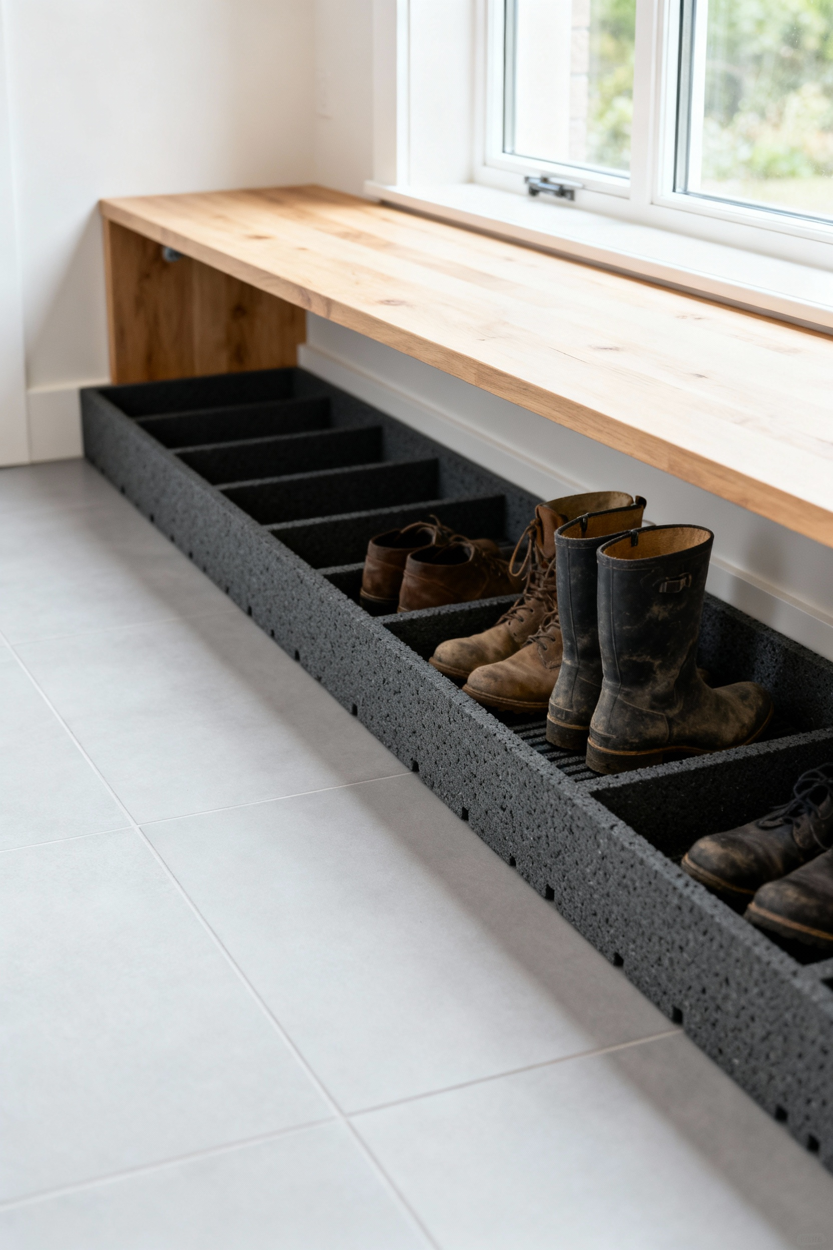 Dedicated shoe and boot tray system made of dark grey recycled rubber integrated into a light oak mudroom bench, protecting a light grey tile floor with neatly organized footwear.