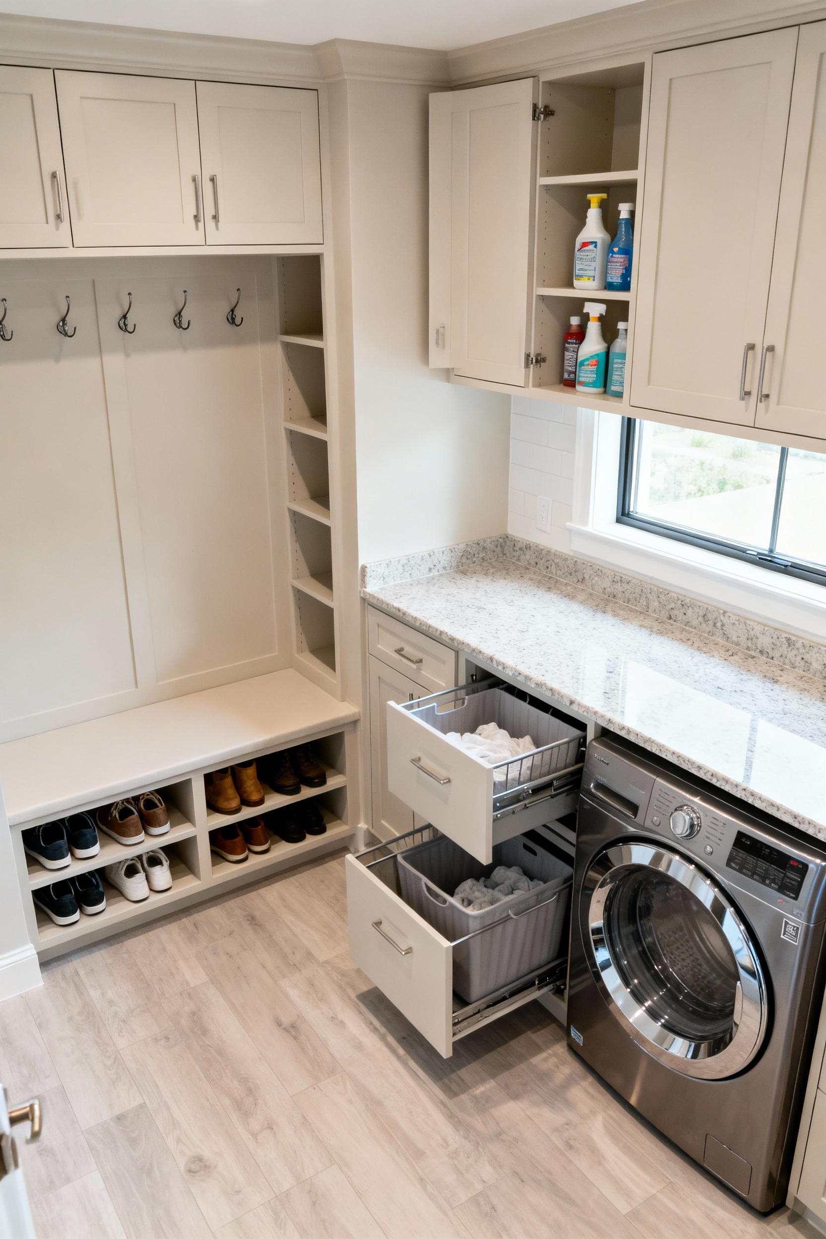 A professional photo of a modern mudroom and laundry room combo featuring custom-built, floor-to-ceiling cabinetry with integrated storage, pull-out laundry hampers, a folding counter, and a built-in bench with shoe storage, all designed for optimal ergonomics and efficiency.