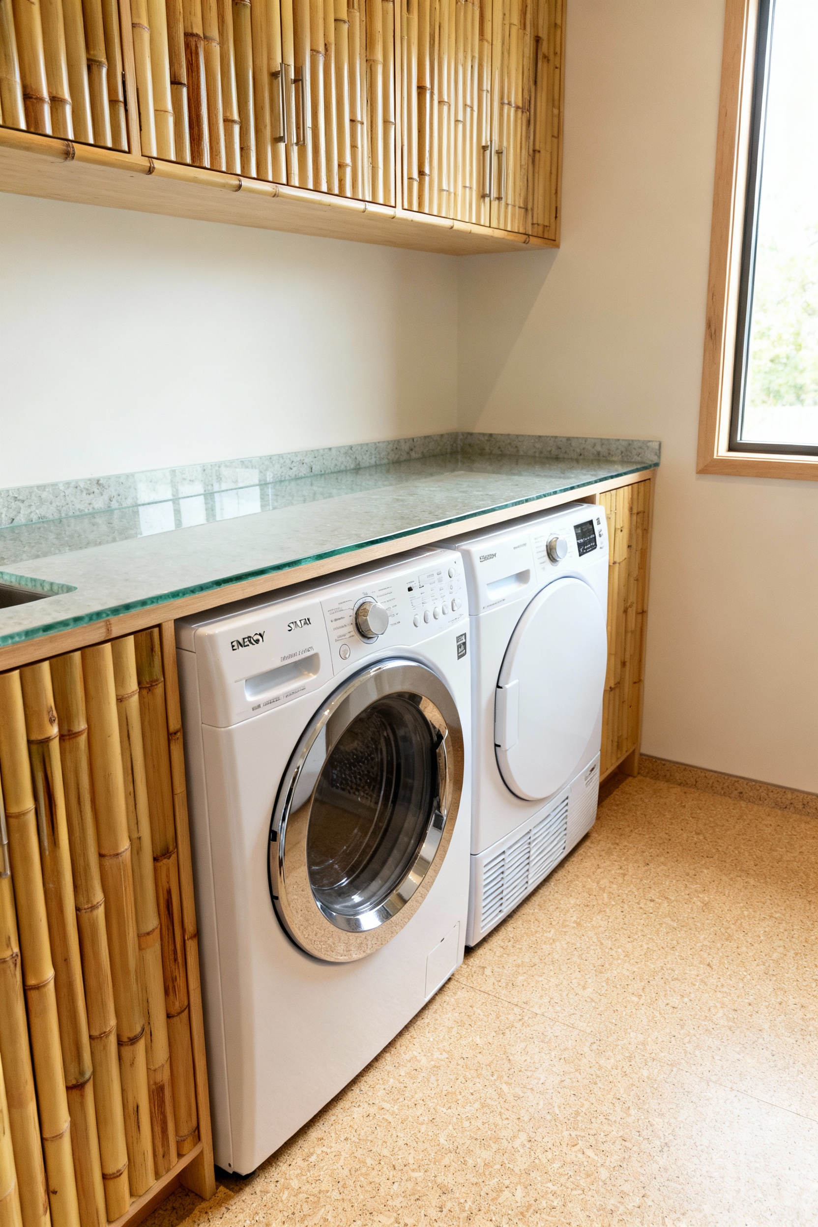Portrait view of a bright, modern mudroom and laundry room featuring light-toned bamboo cabinetry, recycled rubber flooring, and visible energy-efficient front-load washer and dryer, showcasing sustainable design choices.