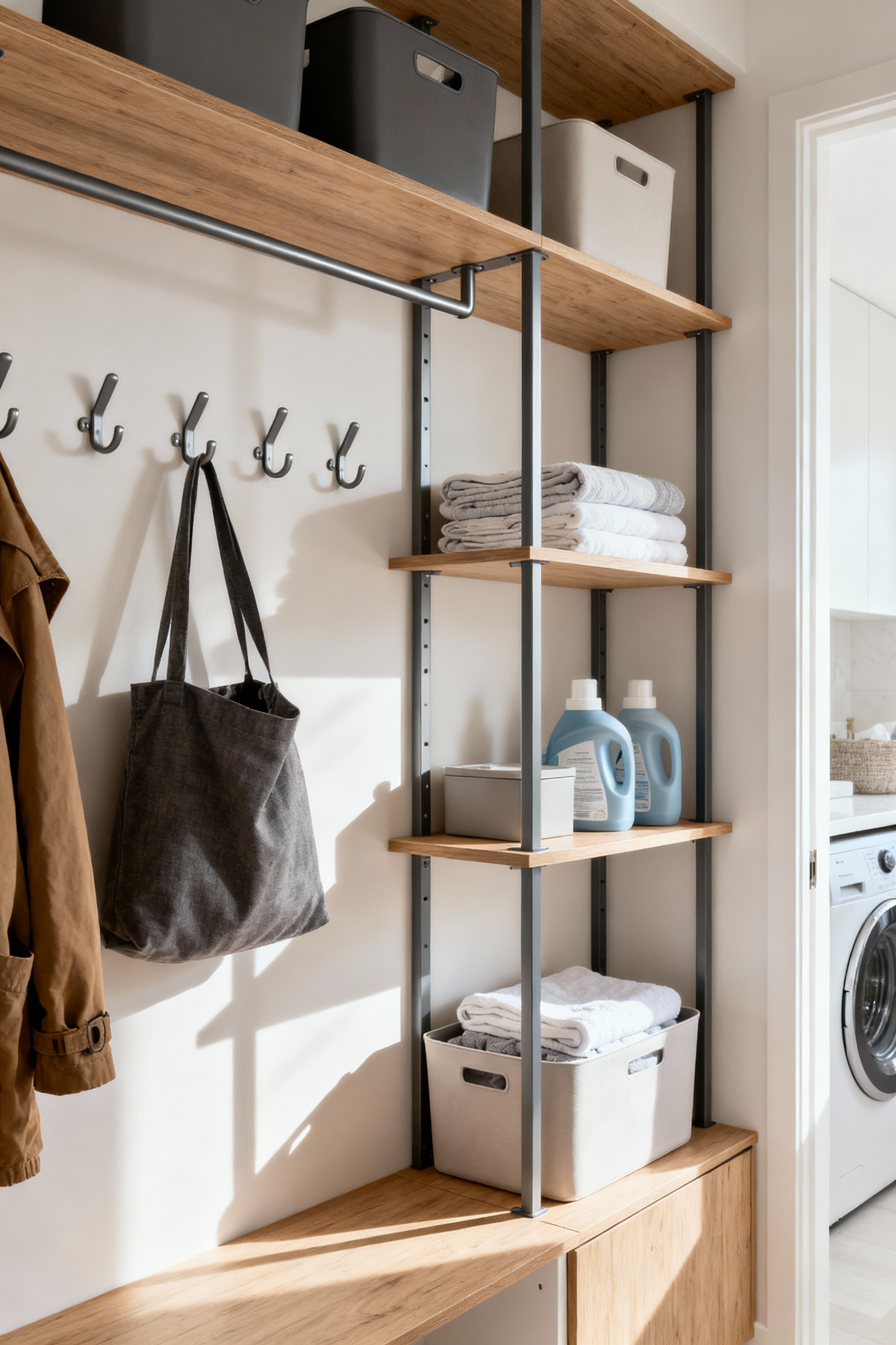 Mudroom laundry room with integrated wall-mounted hooks and shelves, displaying organized bags, coats, and laundry supplies in a grab-and-go setup.
