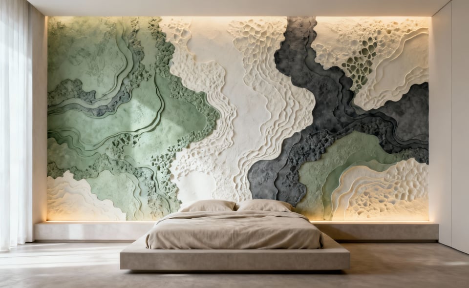 Modern bedroom with biophilic abstract wallpaper in muted greens and grays, promoting tranquility and a serene aesthetic.