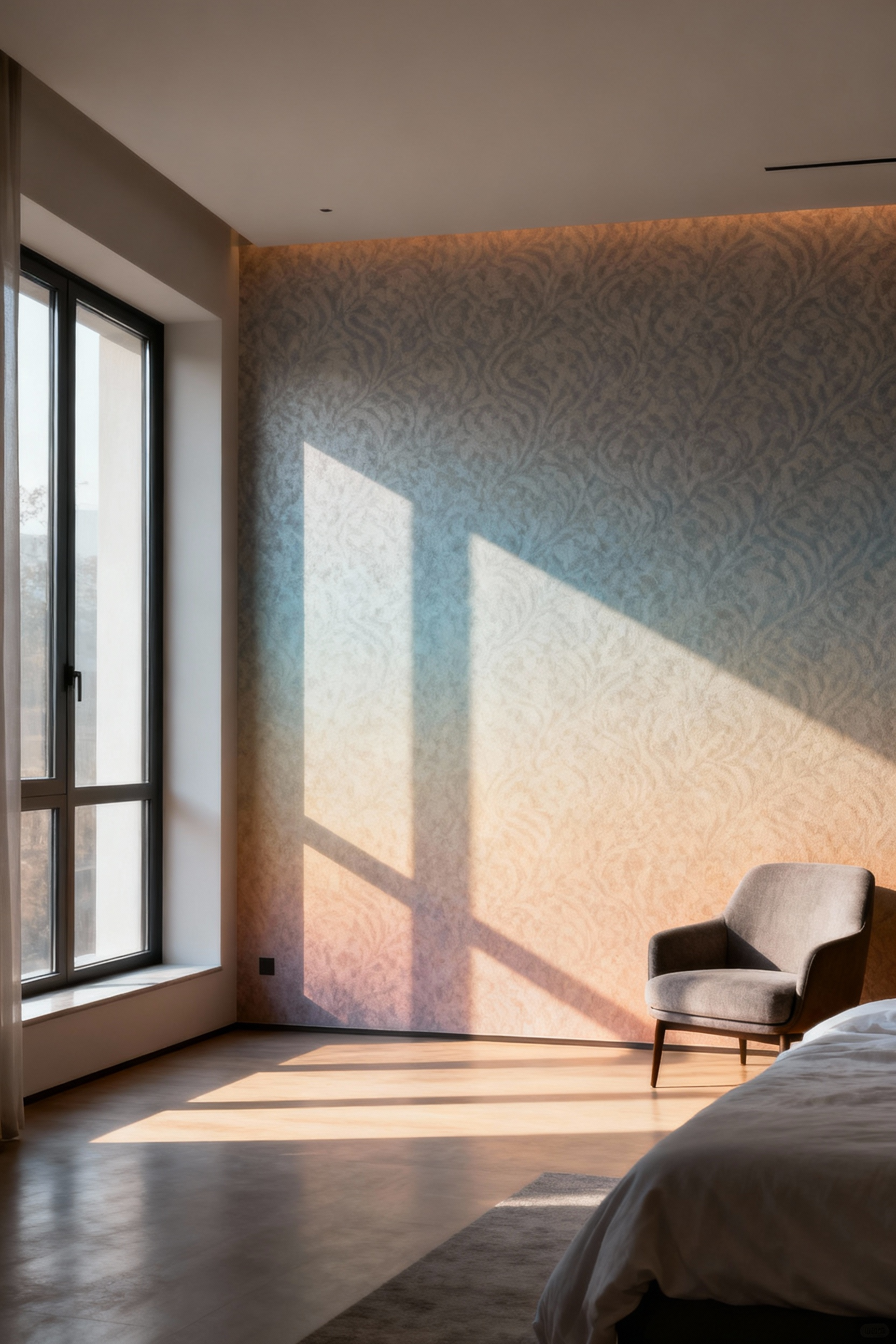 A modern bedroom with light-adaptive wallpaper, featuring a pattern that subtly changes with ambient light for circadian harmony.