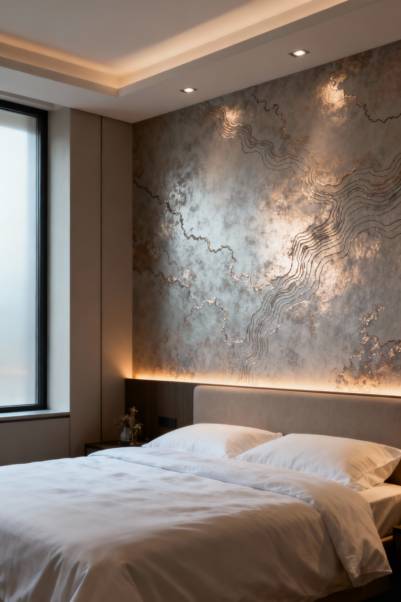 Modern bedroom featuring bespoke wallpaper with an abstract topographical map design, sophisticated pattern, elegant, custom design, psychological anchor, neutral colors.