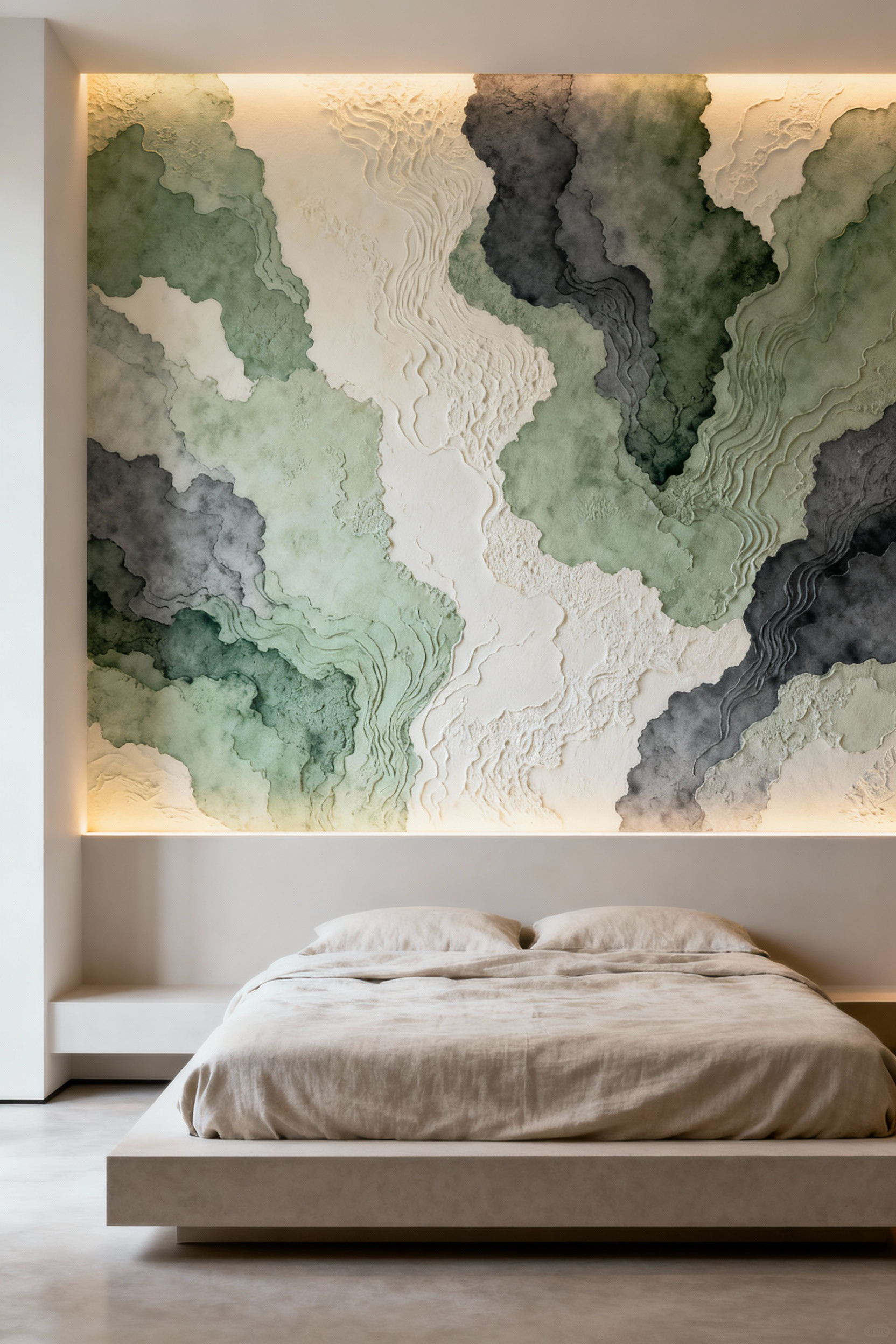 Modern bedroom with biophilic abstract wallpaper in muted greens and grays, promoting tranquility and a serene aesthetic.