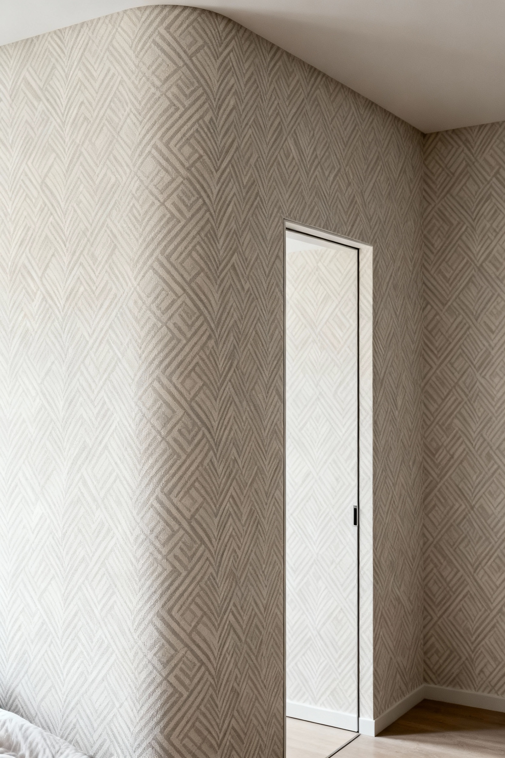Modern bedroom featuring a subtle patterned wallpaper seamlessly transitioning across a corner and around a doorway, creating a cohesive wall-to-wall integration, well-lit with natural light.
