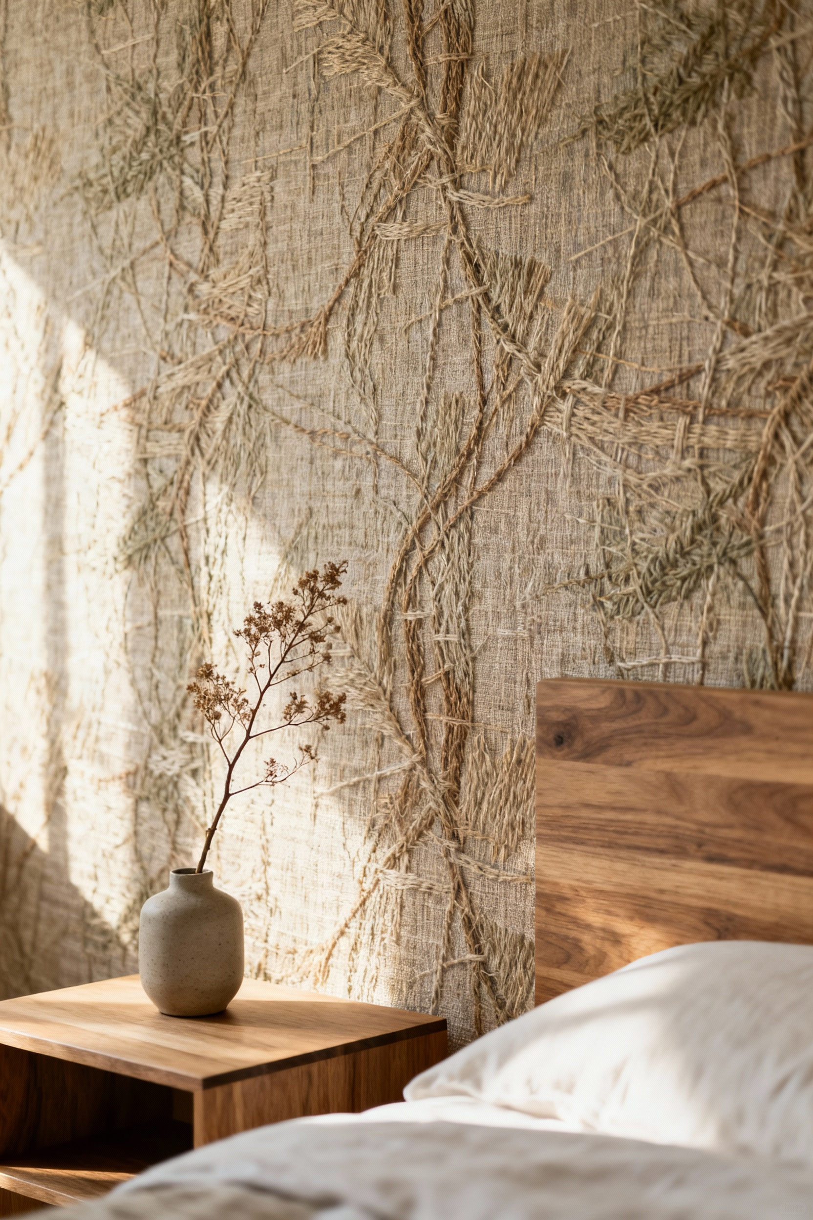 Accent wall in a modern bedroom featuring sustainable bio-based textile wallpaper with a natural woven texture in earthy tones, promoting serene sensory engagement.