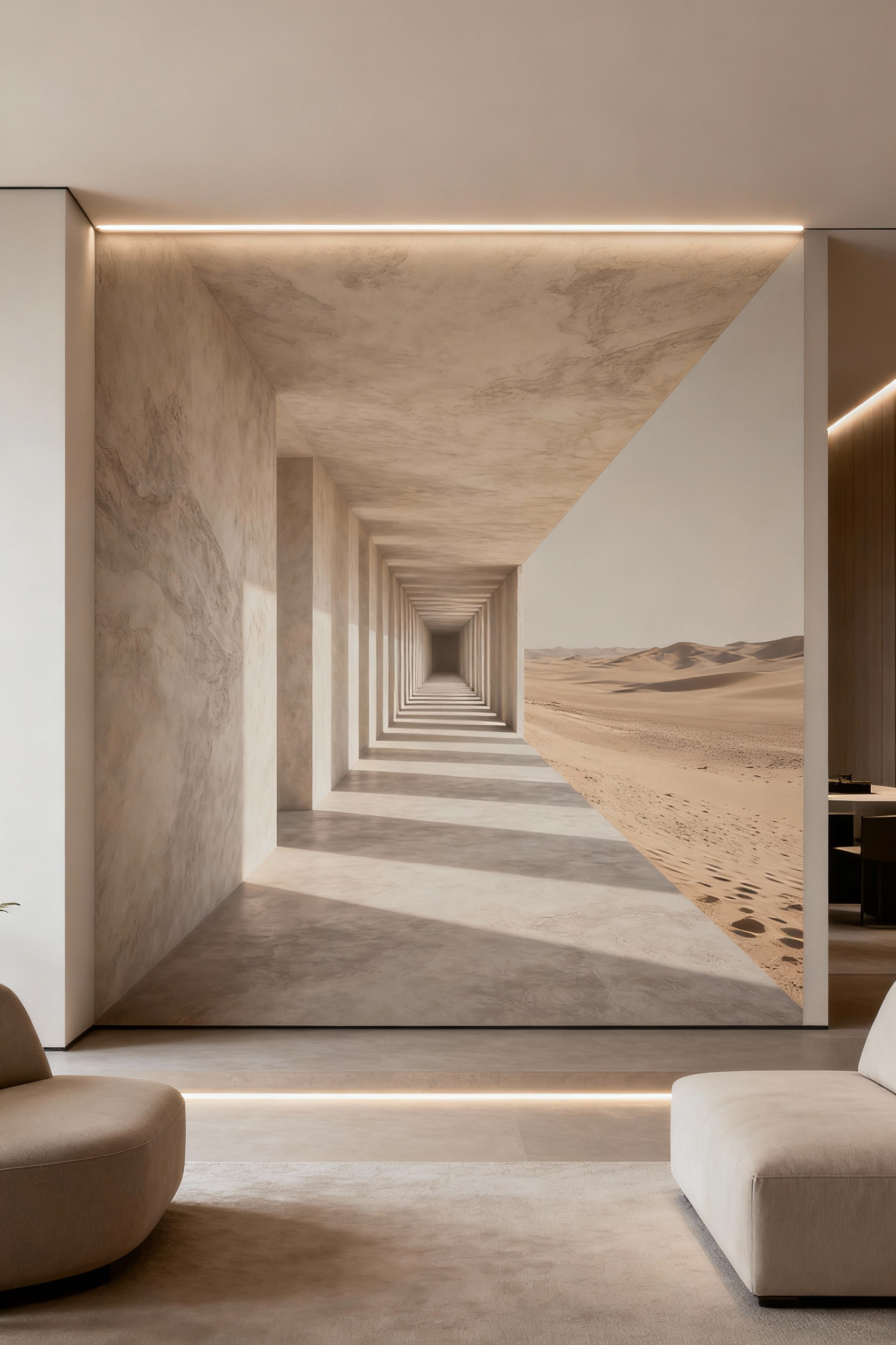 Modern bedroom featuring a full-wall digital anamorphic print showing a vanishing corridor creating an illusion of deep spatial expansion and tranquility.