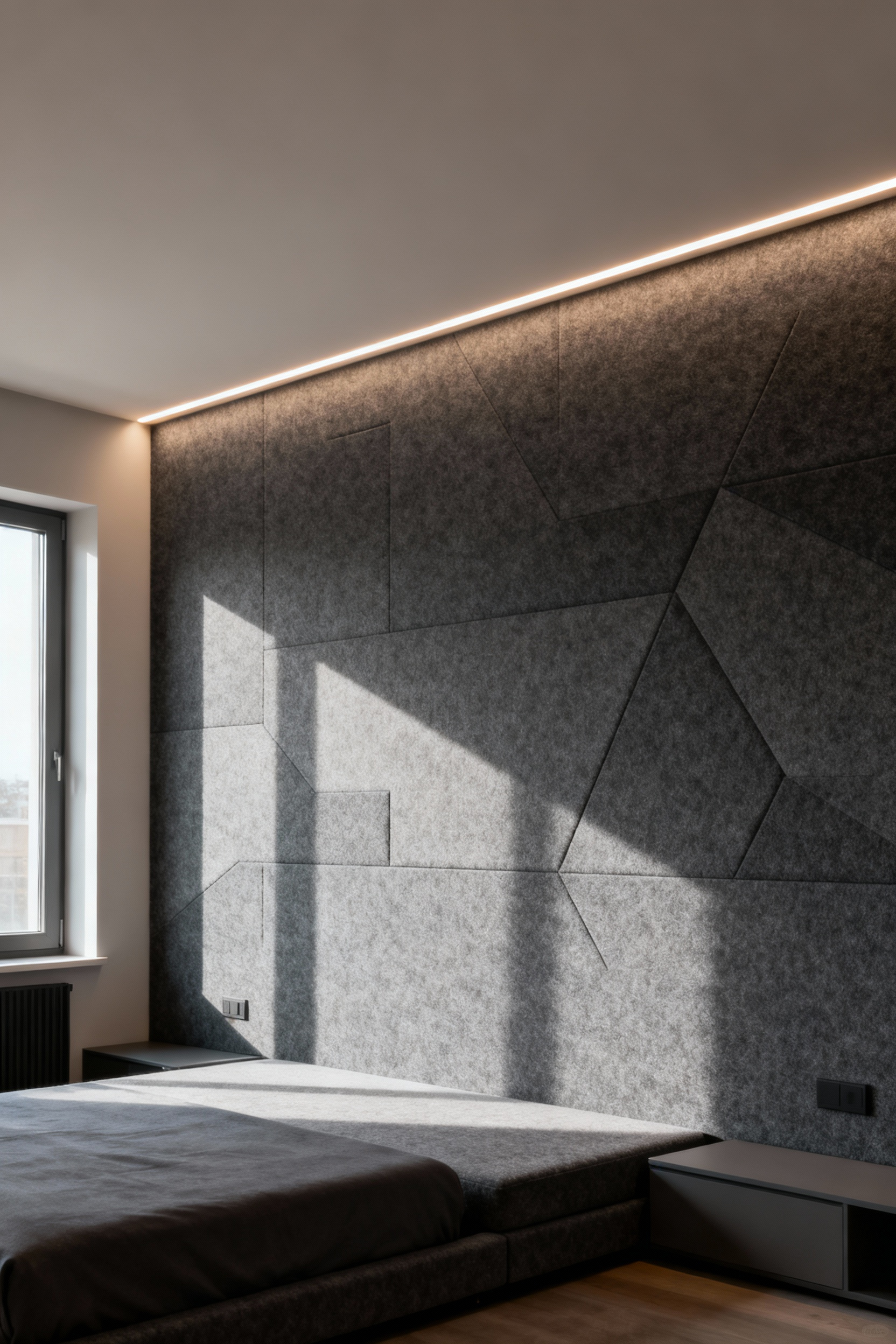 Modern bedroom with acoustic felt wallcovering in charcoal grey, offering sound absorption and a serene aesthetic.