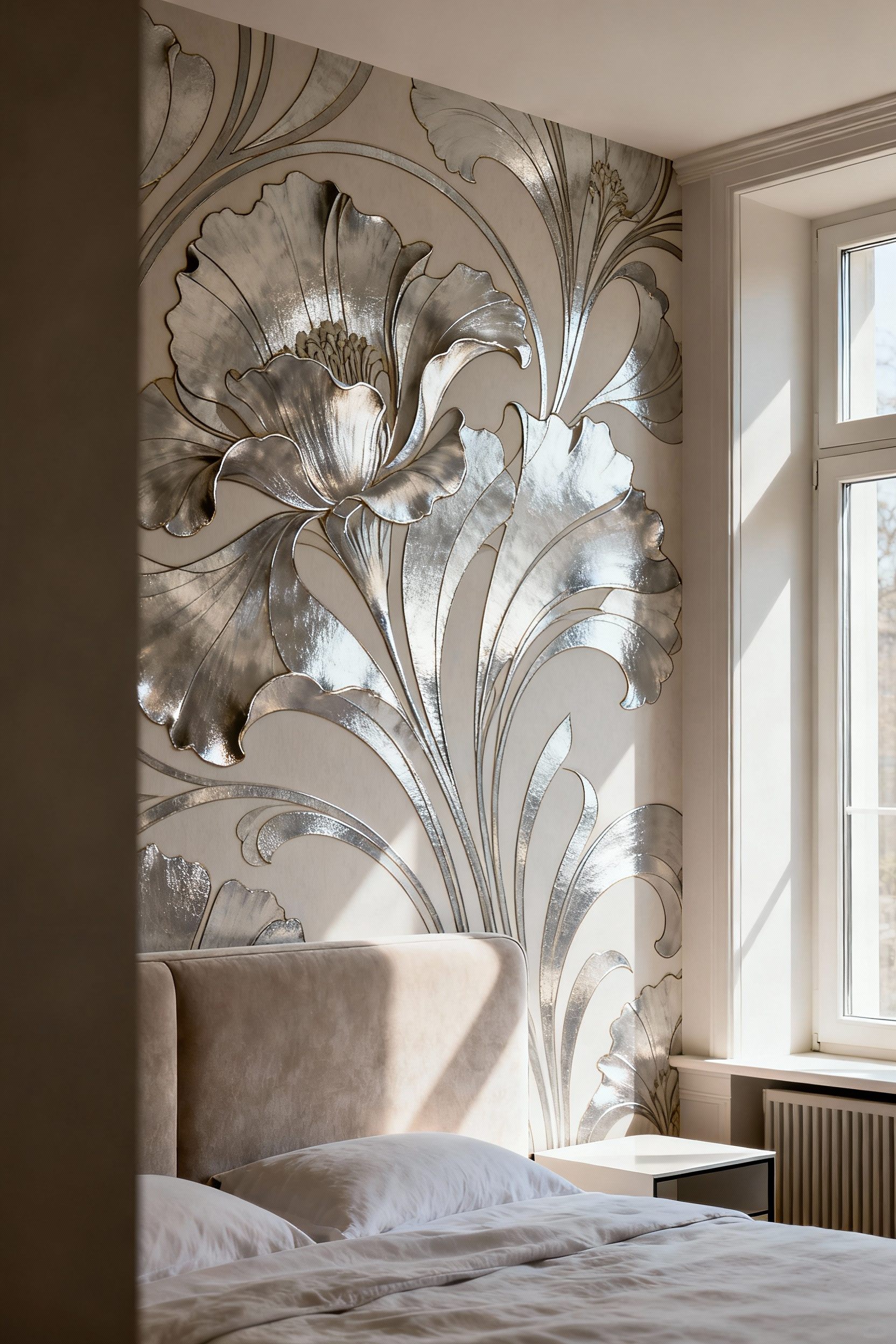 Modern bedroom wallpaper with reinterpreted large-scale Art Nouveau floral motif in metallic sheen, creating a sophisticated feature wall.