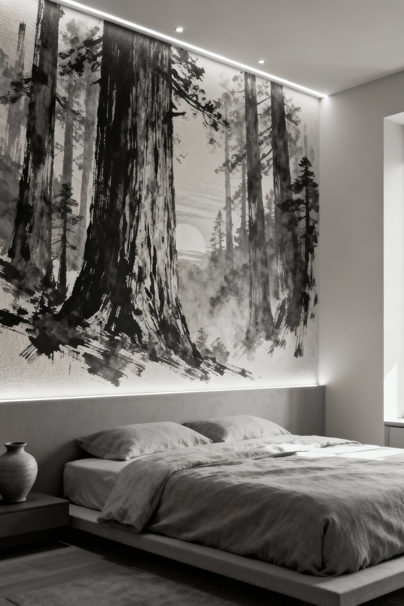 Modern bedroom with a large-scale, monochromatic redwood forest mural on an accent wall, designed for immersive calm and visual depth.