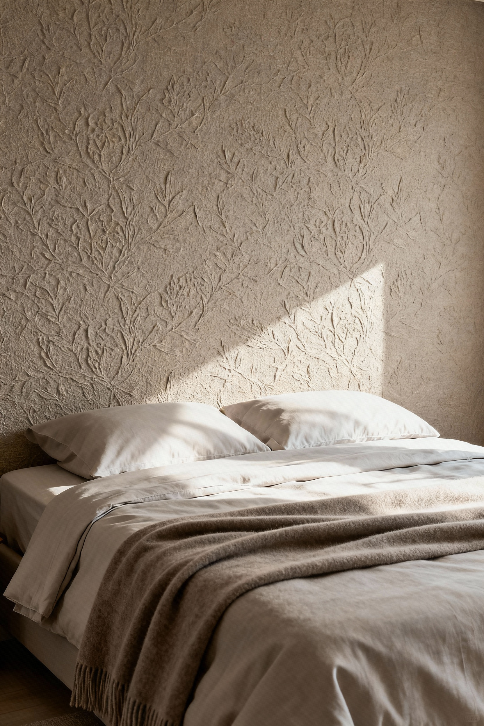 Modern minimalist bedroom featuring deeply embossed taupe wallpaper, showcasing subtle textural nuance and luxurious depth in design.