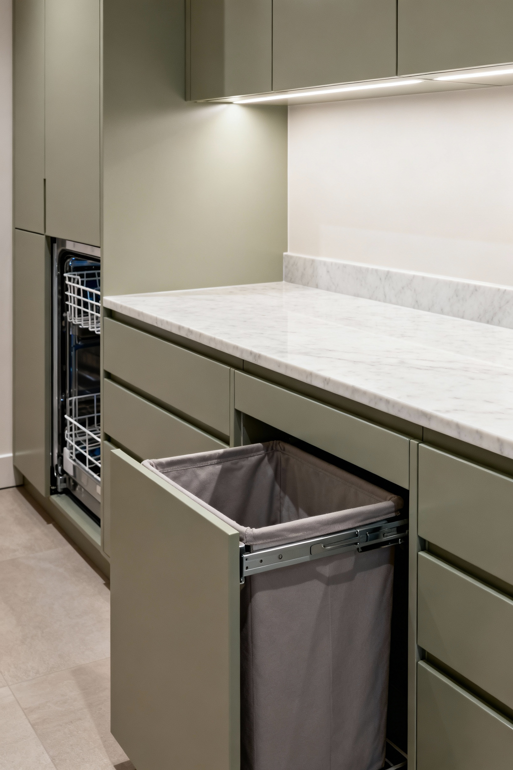 Custom built-in cabinetry with high-end finishes in a luxurious laundry room, featuring integrated storage and seamless design.