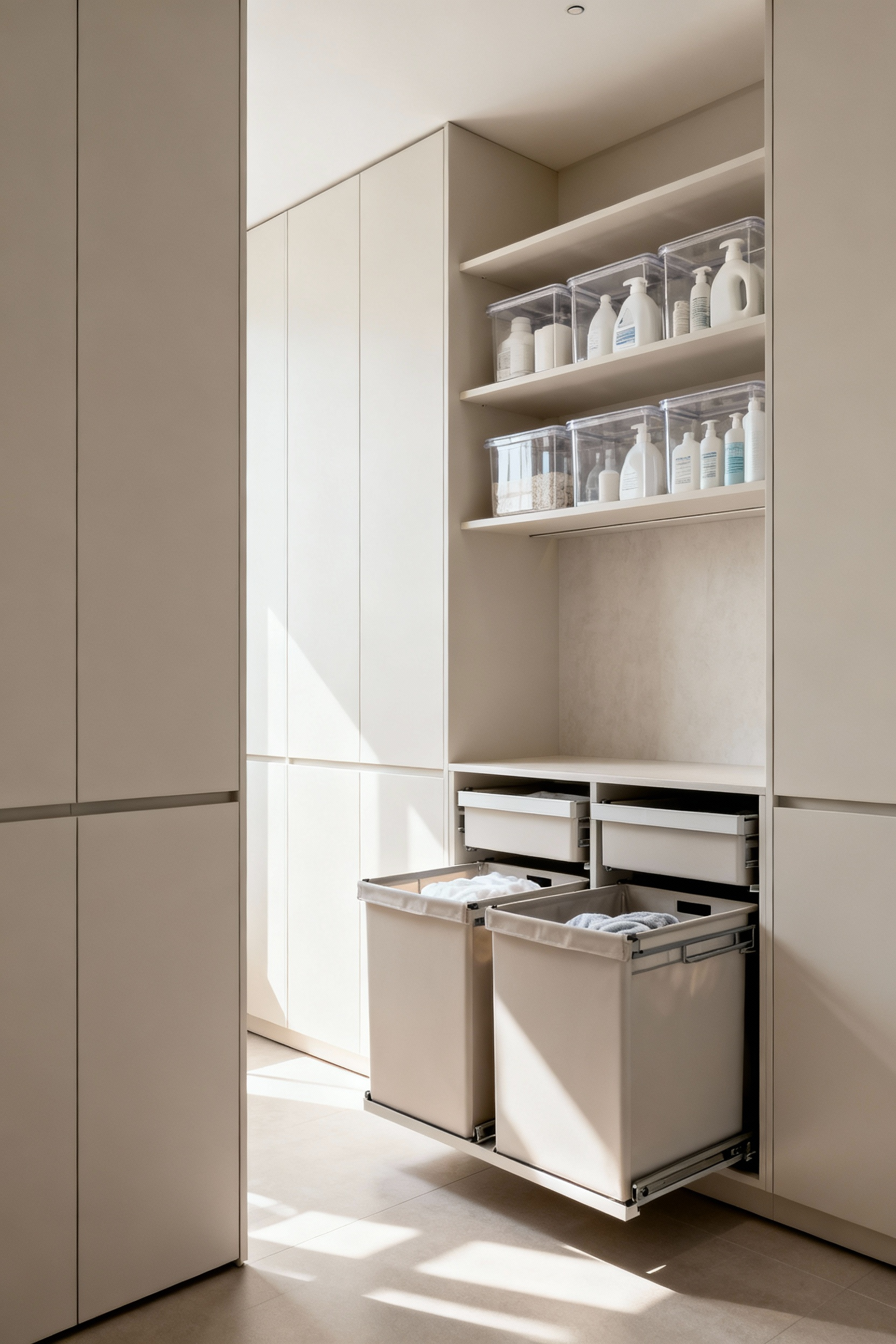 A pristine, decluttered laundry room with sleek, integrated custom cabinetry, pull-out hampers, and meticulously organized laundry supplies, showcasing an optimized workflow and serene aesthetic under soft natural light.