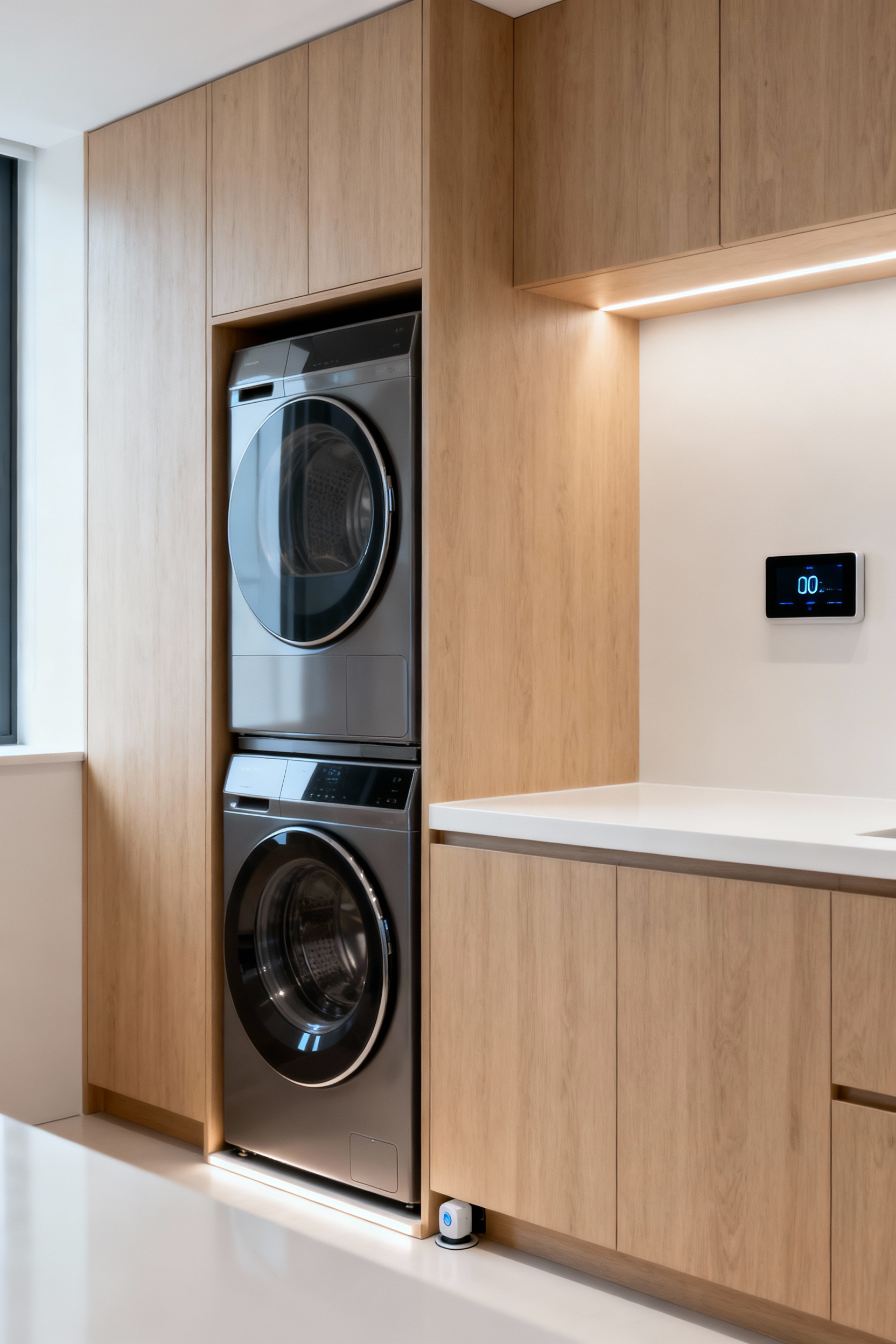 Modern laundry room with integrated smart washer and dryer, concealed in light wood cabinetry, illuminated by soft LED lighting, showcasing automated efficiency.