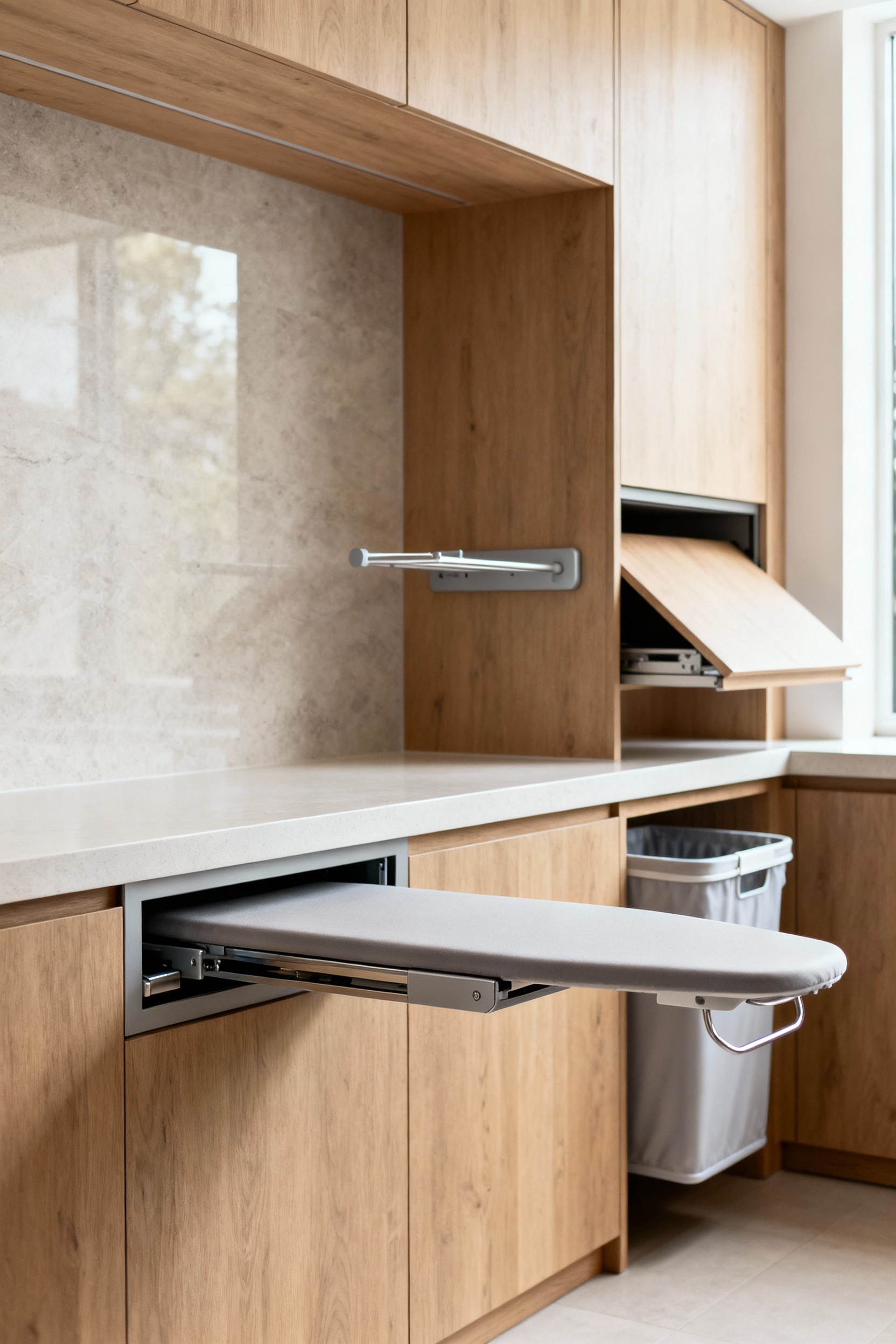 A modern laundry room featuring an extended pull-out ironing board, a discreet wall-mounted adjustable drying rack, and an integrated tilt-out hamper, all designed for ergonomic efficiency.