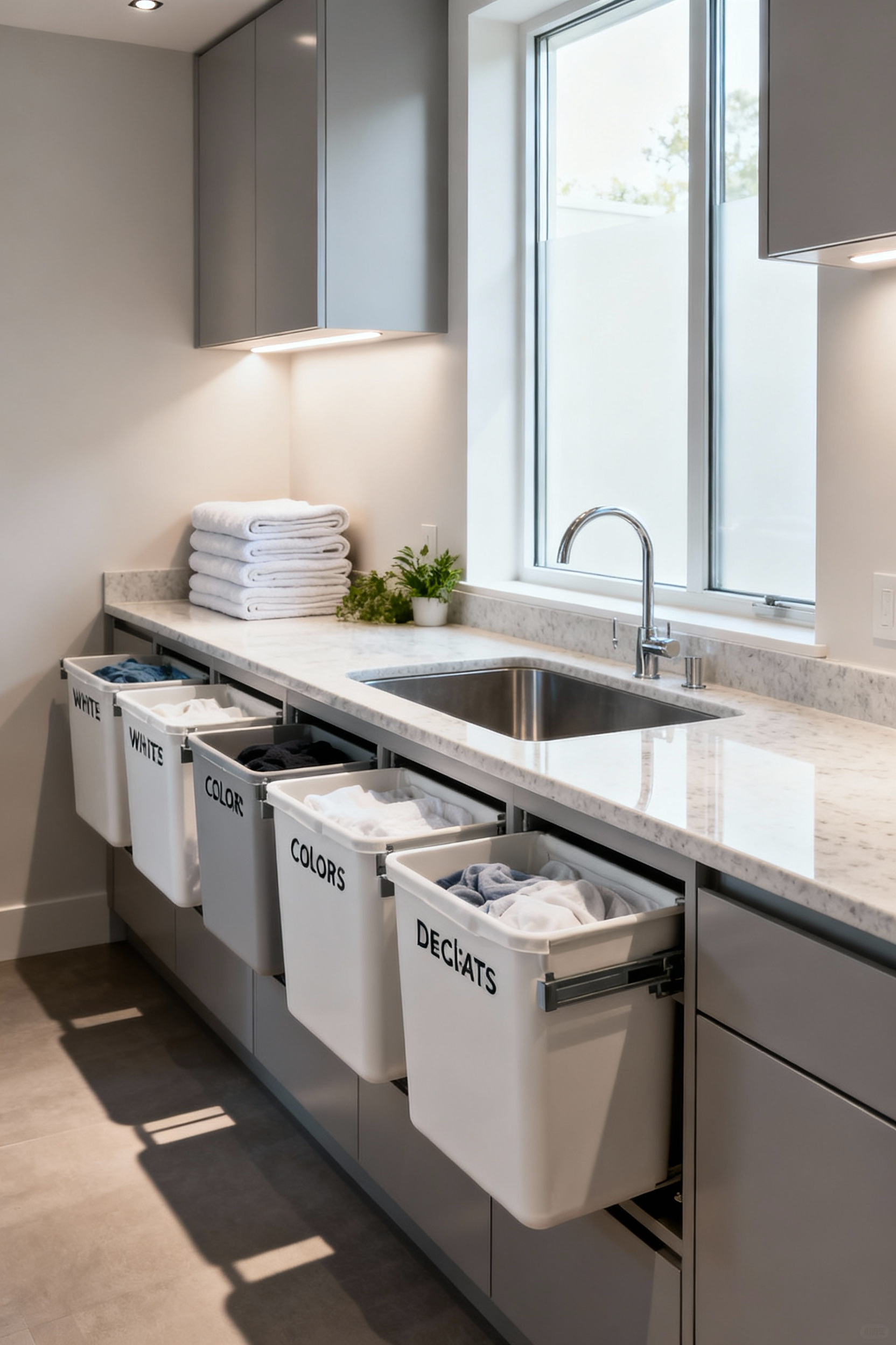 Modern laundry room with built-in custom cabinetry, pull-out sorting hampers, and an integrated utility sink on a quartz countertop, showcasing efficient fabric care organization.