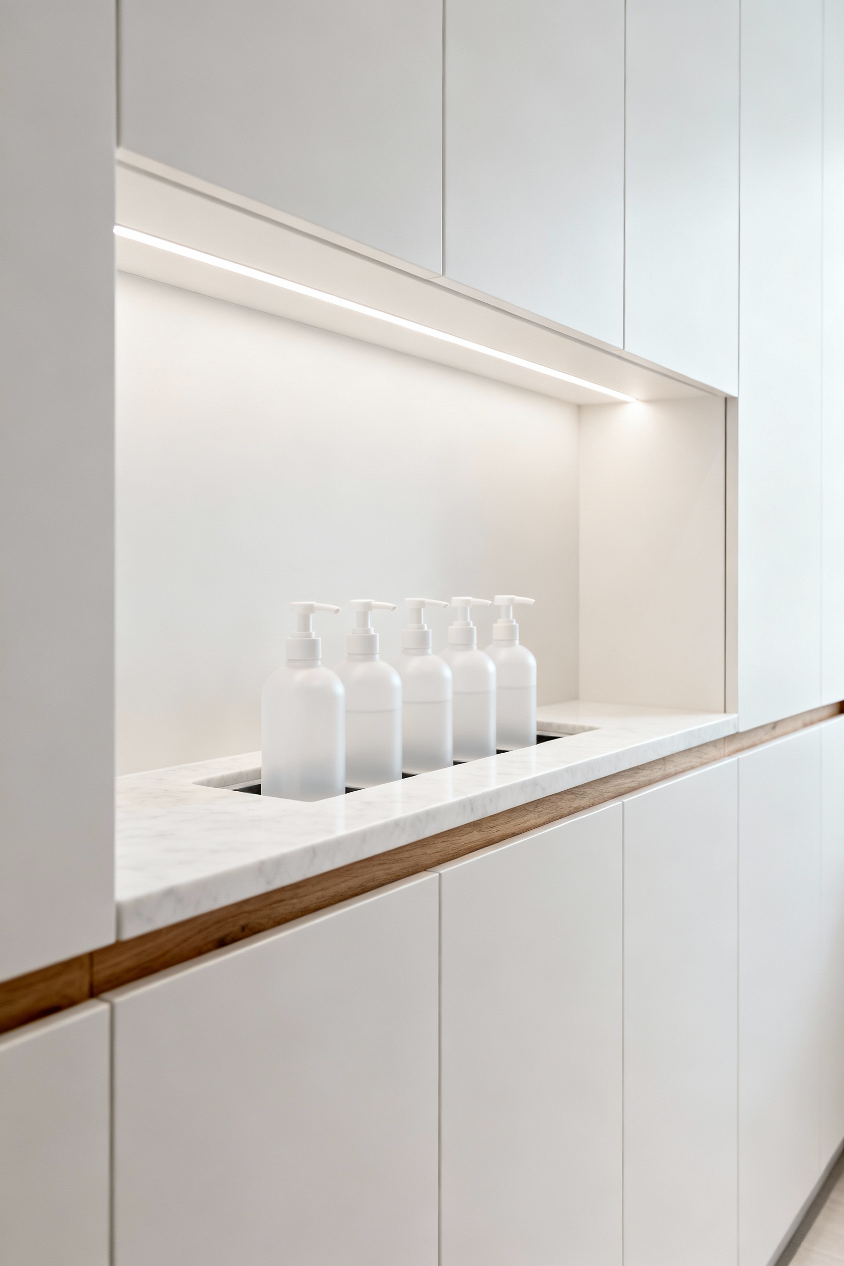 Modern laundry room with integrated detergent dispensing system, custom cabinetry, and sleek pump bottles for a clean and efficient look.