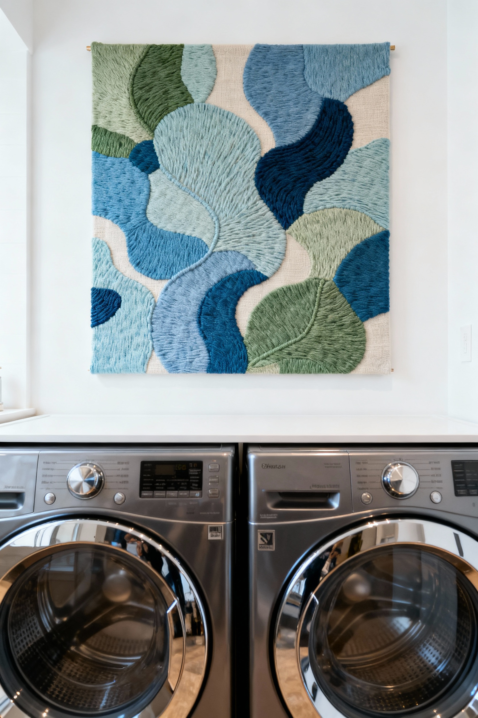 A close-up view of personalized textile art with abstract patterns and moisture-resistant fabric, mounted above modern laundry machines, enhancing a serene laundry room.