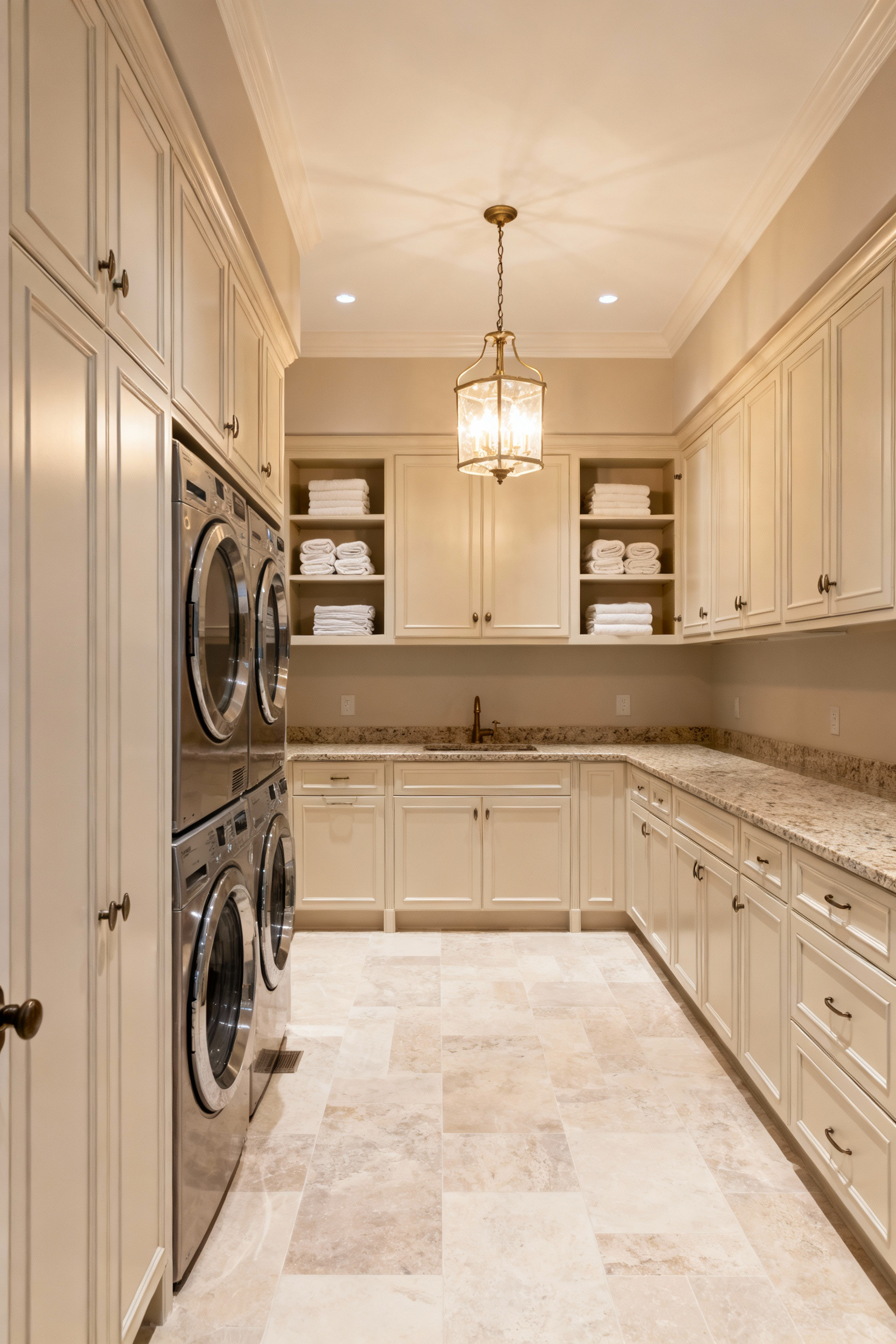 Elegant laundry room with cohesive thematic design, custom light-toned cabinetry, integrated shelving, quartz countertop, and large format porcelain tiles.